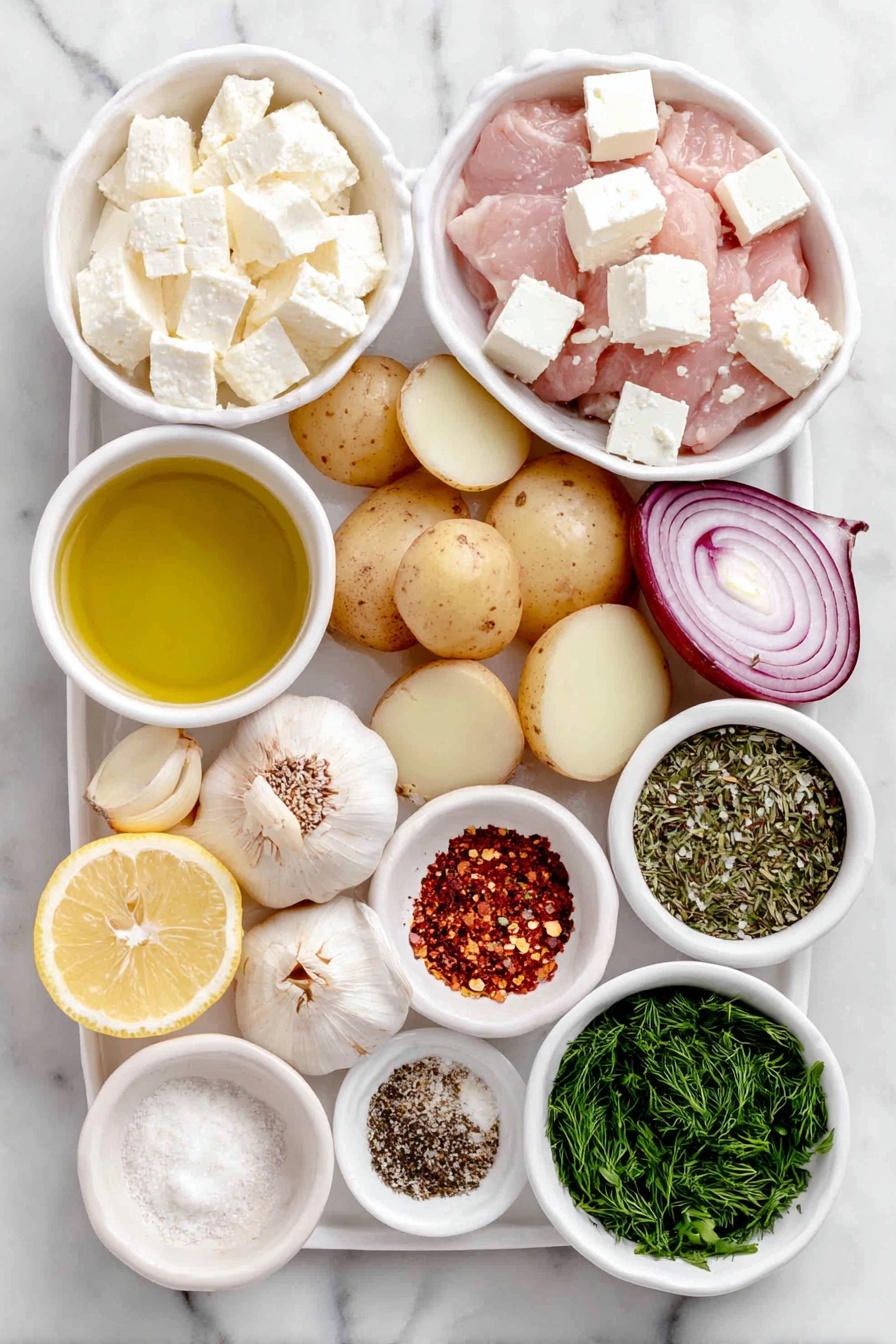 Flat lay of a small white ceramic bowl with extra virgin olive oil, a whole lemon with bright yellow zest, lemon juice in a small white bowl, six peeled garlic cloves, a small mound of dijon mustard, dried oregano in a neat pile, sweet paprika powder, kosher salt crystals, freshly ground black pepper, halved fingerling potatoes with smooth skin, thin lemon slices, large chunks of yellow onion, raw boneless skinless chicken thighs with fresh pink flesh, crumbled white feta cheese on a simple white ceramic plate, chopped fresh parsley sprigs, chopped fresh dill sprigs, and a small white bowl of red pepper flakes, all arranged in perfect symmetry on a clean white marble surface, soft natural light, photo taken with an iPhone, professional food photography style, fresh ingredients, white ceramic bowls, no bottles, no duplicates, no utensils, no packaging --ar 2:3 --v 7 --p m7354615311229779997 - Lemon Garlic Chicken and Potatoes Sheet Pan Dinner, easy sheet pan chicken and potatoes, lemon garlic chicken recipe, healthy skillet chicken and potatoes, quick weeknight dinner