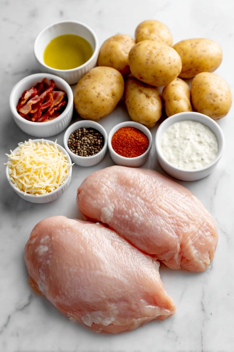 Flat lay of two whole uncut chicken breasts, four whole medium potatoes, six raw bacon strips, a small white bowl of olive oil, a small white bowl of dry ranch seasoning powder, a small white bowl of coarse salt, a small white bowl of black peppercorns, a small white bowl of paprika powder, a small white bowl of garlic powder, a small white bowl of shredded mozzarella cheese, a small white bowl of creamy ranch dressing, all arranged symmetrically on a clean white marble surface, soft natural light, photo taken with an iPhone, professional food photography style, fresh ingredients, white ceramic bowls, no bottles, no duplicates, no utensils, no packaging --ar 2:3 --v 7 --p m7354615311229779997 - Chicken Bacon Ranch Potato Skillet, cheesy chicken skillet, easy ranch potato dish, bacon chicken skillet dinner, one-pan comfort food