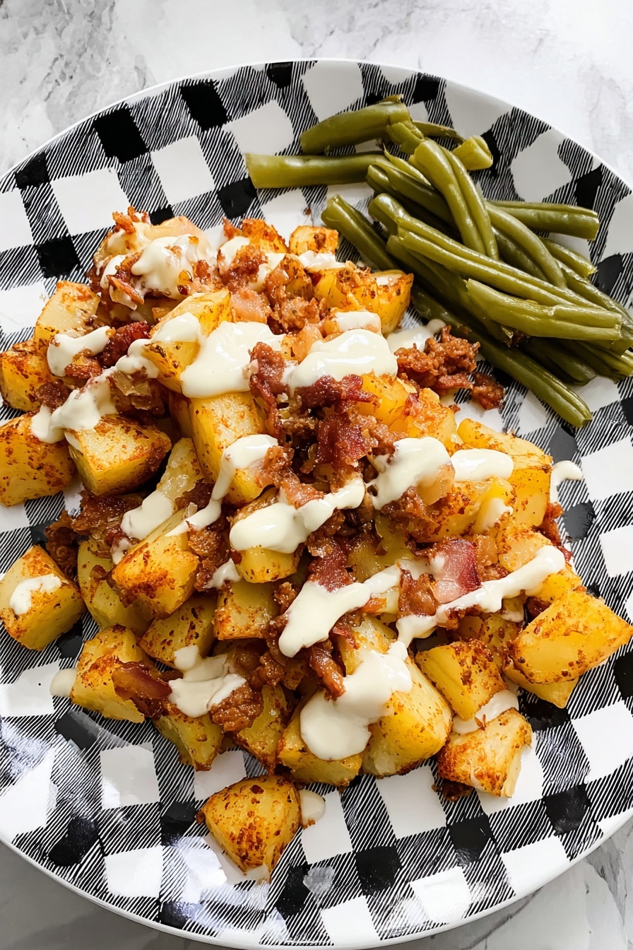 On a white plate with a black and white checkered pattern, there is a pile of diced cooked potatoes mixed with small pieces of browned meat and melted cheese. The potatoes and meat have a golden-brown and reddish color with a slightly crispy texture. White creamy sauce is drizzled over the top in uneven lines. To the side of this, there is a small pile of green beans, cut into short pieces, with a soft and smooth texture. The plate sits on a white marbled surface. photo taken with an iphone --ar 2:3 --v 7 - Chicken Bacon Ranch Potato Skillet, cheesy chicken skillet, easy ranch potato dish, bacon chicken skillet dinner, one-pan comfort food