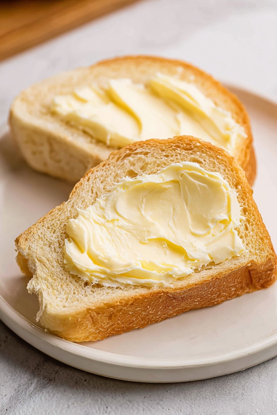 The image shows two slices of bread with a golden-brown crust and a soft beige inside. Each slice is spread thickly with a smooth, creamy pale yellow butter. The bread slices are placed on a simple white plate, which rests on a white marbled surface. The texture of the butter looks soft and easy to spread, with visible swirls and layers on the top. photo taken with an iphone --ar 2:3 --v 7 - Homemade Butter, how to make butter at home, easy butter recipe, fresh homemade butter, DIY butter from cream