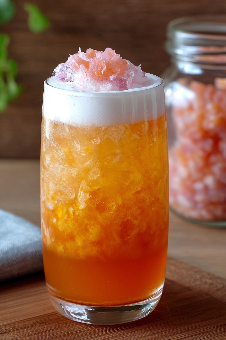 The image shows a clear glass filled with three main layers: the bottom layer is orange liquid with some small pieces of pinkish fruit or pulp, the middle layer is a lighter orange liquid mixed with crushed ice giving it a textured look, and the top layer is white foam with a small pile of pinkish crushed pieces sitting on it. The glass itself is placed on a brown wooden surface with a blurred background that includes a glass jar holding more pinkish fruit pieces. The overall look is fresh and inviting. photo taken with an iphone --ar 2:3 --v 7 - Grapefruit Honey Syrup, grapefruit syrup recipe, honey flavored syrup, citrus syrup for drinks, homemade fruit syrup