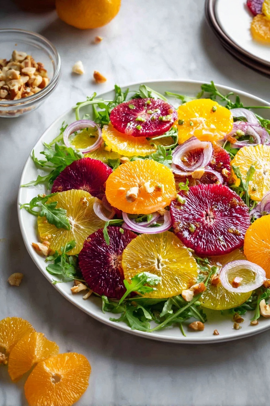 A white plate sits on a white marbled surface, filled with a colorful salad made of three main layers: the bottom layer is fresh green arugula leaves; on top are many thin, round slices of different citrus fruits in bright orange, deep red, and pale yellow colors, layered evenly across the plate; scattered on the very top are thin, curved slices of light purple onion, adding a delicate texture and color contrast. Some chopped nuts appear in a clear bowl nearby, and a few onion slices and nut pieces are casually scattered around the plate. photo taken with an iphone --ar 2:3 --v 7 - Citrus Salad with Walnuts and Arugula, citrus salad recipes, healthy citrus salad, easy citrus salad with nuts, flavorful green salad