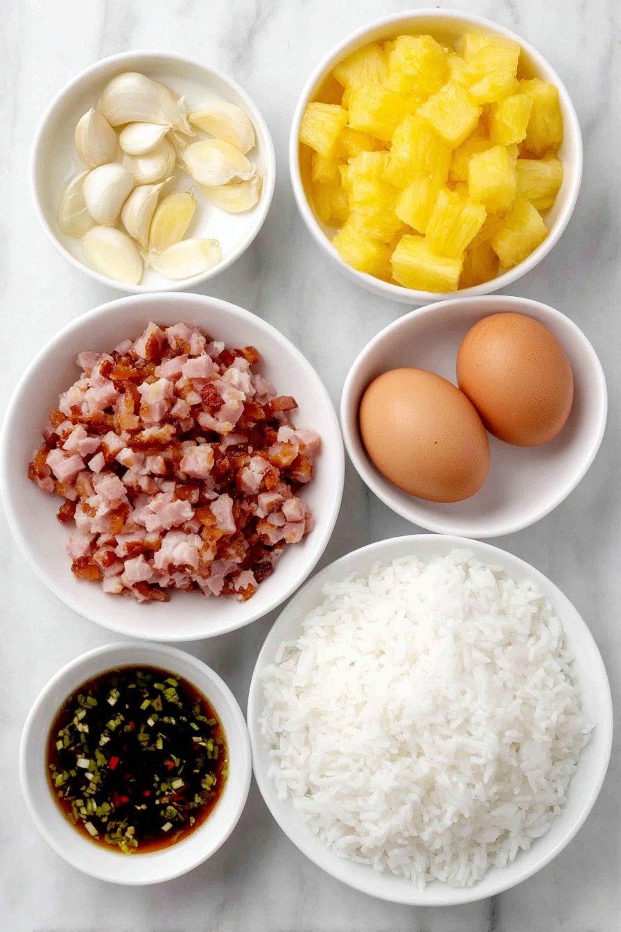 Flat lay of diced leftover ham, small white bowl of soy sauce mixed with pineapple juice, diced fresh pineapple, diced red bell pepper, two whole brown eggs with clean shells, two cloves of whole garlic, a small white bowl of peanut oil, a mound of fluffy cooked long grain rice, all arranged symmetrically with perfect proportions in simple white ceramic bowls and plates, placed on a clean white marble surface, soft natural light, photo taken with an iPhone, professional food photography style, fresh ingredients, white ceramic bowls, no bottles, no duplicates, no utensils, no packaging --ar 2:3 --v 7 --p m7354615311229779997 - Leftover Ham Pineapple Fried Rice, quick pineapple fried rice, easy ham fried rice recipe, savory sweet fried rice, leftover ham recipes