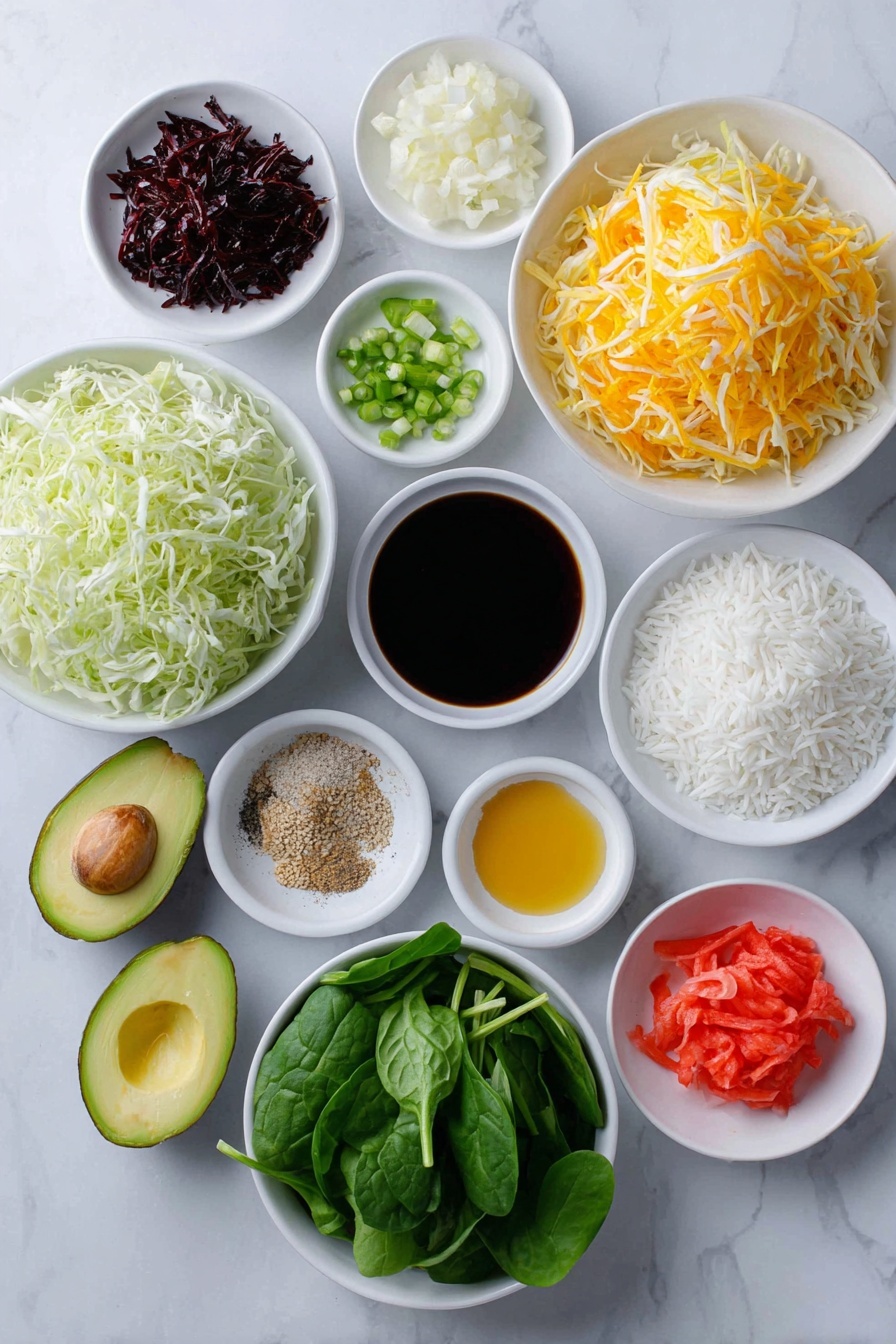 Flat lay of finely grated red apple with skin on, finely grated white onion, three peeled garlic cloves, a thumb-sized piece of fresh ginger, a small white ceramic bowl with dark soy sauce, a small white ceramic bowl with golden sesame oil, a small white ceramic bowl with light brown mirin, a small white ceramic bowl with soft brown sugar, a small white ceramic bowl with black pepper, a small white ceramic bowl with rice vinegar, a fresh whole carrot peeled, whole ripe avocado halved with seed showing, fresh baby spinach leaves, fresh baby cos/romaine lettuce torn into bite size pieces, a handful of white sesame seeds, one green onion with finely sliced green tops, a small pile of white medium grain rice, a small white ceramic bowl with light golden canola oil, and a small pile of bright pink pickled ginger, placed on a clean white marble surface, soft natural light, photo taken with an iPhone, professional food photography style, fresh ingredients, white ceramic bowls, no bottles, no duplicates, no utensils, no packaging --ar 2:3 --v 7 --p m7354615311229779997 - Korean Beef Bulgogi Rice Bowls, Korean beef bulgogi recipe, bulgogi rice bowl, Korean beef bowls, easy Korean beef recipes