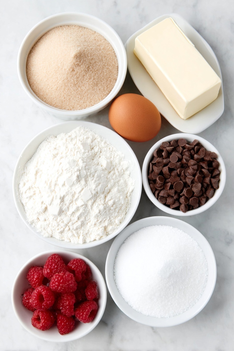 Flat lay of a small mound of all-purpose flour, a neat pile of rich cocoa powder, a few scattered semi-sweet chocolate chips, a stick of unsalted butter softened, two whole uncracked brown eggs, a small white ceramic bowl filled with light brown packed brown sugar, another small white bowl with fine white granulated sugar, a single vanilla bean pod, a cluster of fresh vibrant red raspberries, a small block of full-fat cream cheese, a smooth mound of white powdered sugar in a small white bowl, and a delicate sprinkle of coarse salt crystals arranged symmetrically, all placed on a clean white marble surface, soft natural light, photo taken with an iPhone, professional food photography style, fresh ingredients, white ceramic bowls, no bottles, no duplicates, no utensils, no packaging --ar 2:3 --v 7 --p m7354615311229779997 - Chocolate Raspberry Sandwich Cookies, Chocolate Raspberry Cookies, Raspberry Frosting Cookies, Fudgy Chocolate Cookies with Raspberry, Easy Raspberry Sandwich Cookies