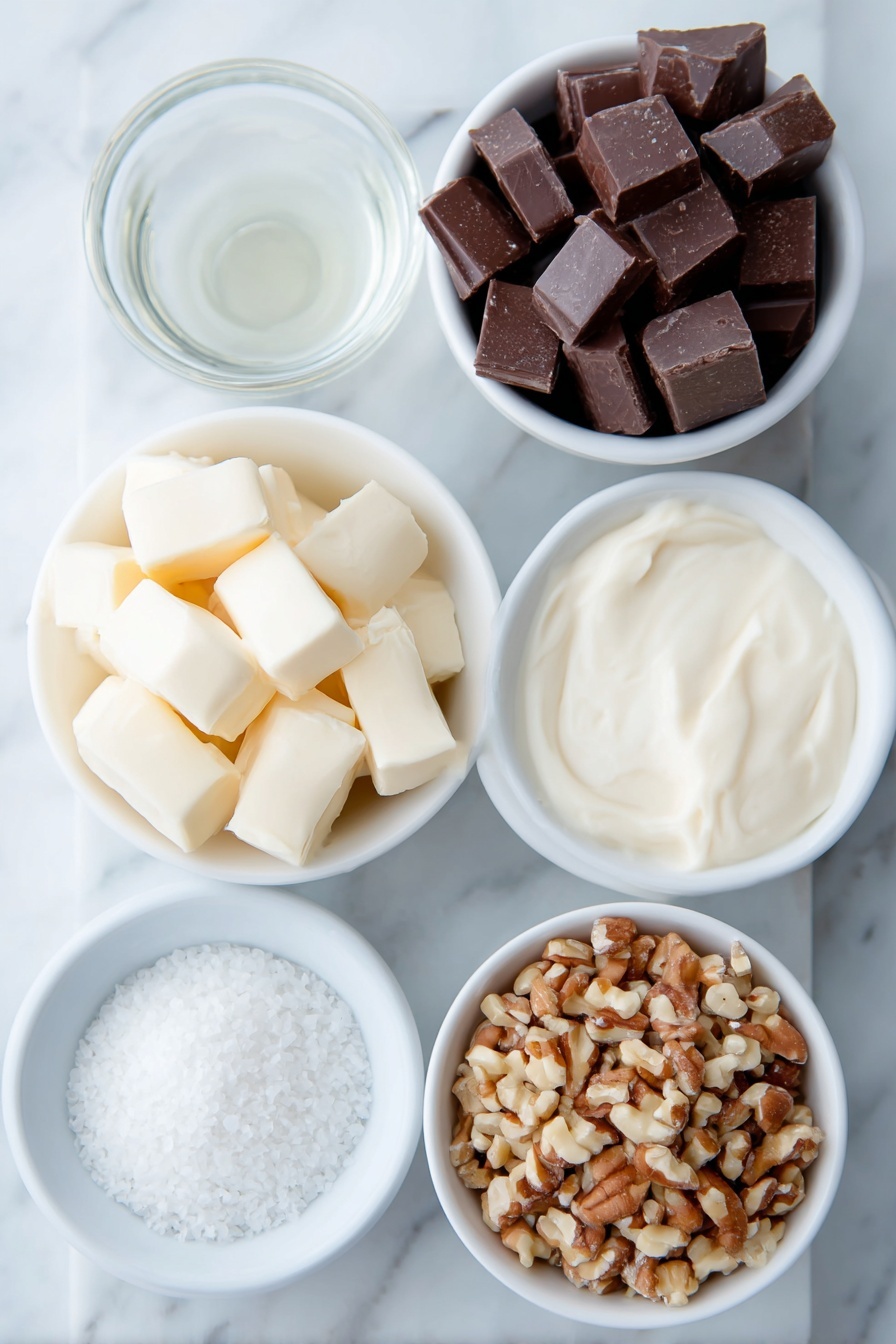 Flat lay of a small white ceramic bowl filled with thick sweetened condensed milk, a few glossy semi-sweet chocolate chunks roughly chopped, several soft pale yellow pieces of unsalted butter at room temperature, a small white ceramic bowl holding clear pure vanilla extract, a small white ceramic bowl with flaky sea salt crystals, and a small white ceramic bowl containing chopped mixed nuts, all arranged symmetrically and balanced, placed on a clean white marble surface, soft natural light, photo taken with an iPhone, professional food photography style, fresh ingredients, white ceramic bowls, no bottles, no duplicates, no utensils, no packaging --ar 2:3 --v 7 --p m7354615311229779997 - Easy Chocolate Fudge, chocolate fudge recipe, homemade chocolate fudge, simple fudge idea, quick chocolate dessert