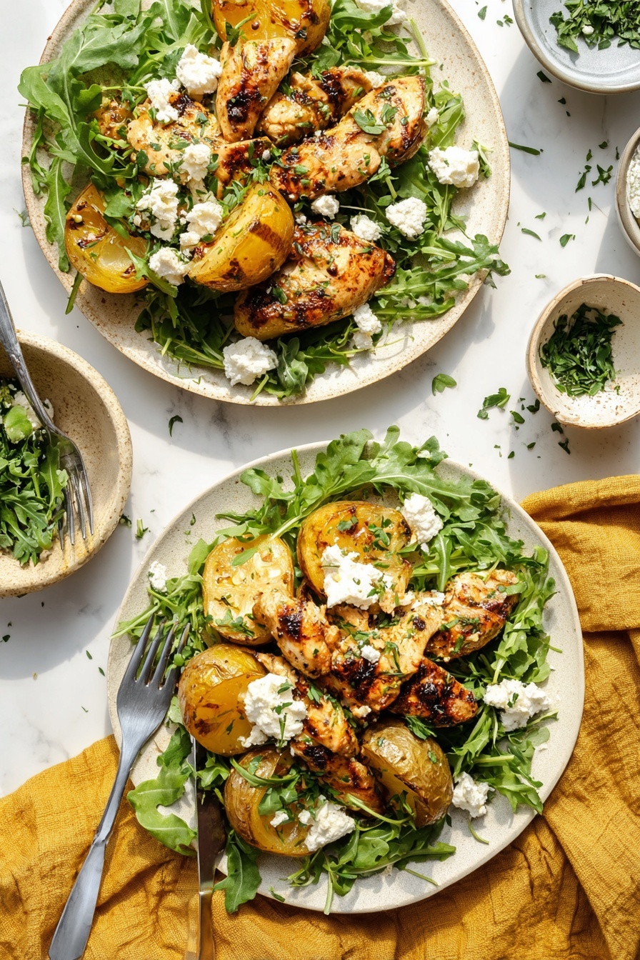 Two white plates sit on a white marbled surface with a soft golden cloth underneath. Each plate holds a bed of fresh green arugula leaves forming the base layer. On top are several pieces of golden-brown cooked chicken, showing light grill marks and a slightly shiny glaze. Mixed among the chicken are caramelized yellow onion slices and halved fingerling potatoes with a crisped, browned surface. Small dollops of white, crumbly cheese are scattered on top, along with fresh green herbs finely chopped and sprinkled for garnish. To the left of the lower plate are a knife and fork resting on the golden cloth, and small bowls with herbs and more cheese sit nearby. The lighting is bright and natural, capturing the textures clearly. photo taken with an iphone --ar 2:3 --v 7 - Lemon Garlic Chicken and Potatoes Sheet Pan Dinner, easy sheet pan chicken and potatoes, lemon garlic chicken recipe, healthy skillet chicken and potatoes, quick weeknight dinner