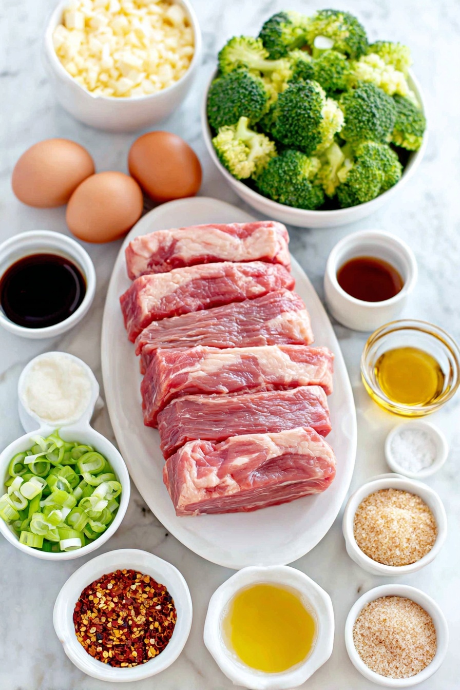 Flat lay of fresh raw flank steak slices arranged neatly on a simple white ceramic plate, a small white bowl of broccoli florets, a few green onions sliced thinly placed beside it, two whole uncracked brown eggs with clean shells, a small white bowl of freshly minced garlic, a small white bowl of light brown sugar, a small white bowl of soy sauce, a small white bowl of oyster sauce, a small white bowl of dark soy sauce, a small white bowl of black vinegar, a small white bowl of toasted sesame oil, a small white bowl of chicken broth, a small white bowl of cornstarch, a small white bowl of avocado oil, a small white bowl of red pepper flakes, a small white bowl of coarse salt, a small white bowl of freshly cracked black pepper, and a small white bowl containing baking soda, all placed on a clean white marble surface, soft natural light, photo taken with an iPhone, professional food photography style, fresh ingredients, white ceramic bowls, no bottles, no duplicates, no utensils, no packaging --ar 2:3 --v 7 --p m7354615311229779997 - Chinese Beef with Garlic Sauce, Chinese Beef stir-fry, Garlic sauce beef recipe, easy Chinese beef recipes, homemade Chinese takeout beef