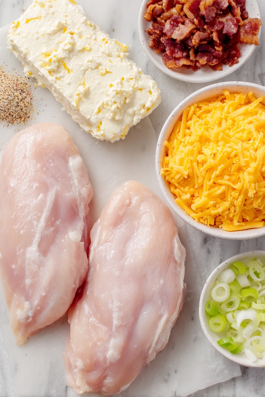 Flat lay of two whole uncut chicken breasts, an unopened small white ceramic bowl with a few sprigs of fresh green onions sliced beside it, a clean block of cream cheese on a simple white ceramic plate, a small white bowl filled with cooked crumbled bacon, a small white bowl of shredded bright orange cheddar cheese, an unopened packet of ranch dressing mix in a minimal plain white ceramic dish, and two soft plain buns, all arranged in perfect symmetry, placed on a clean white marble surface, soft natural light, photo taken with an iPhone, professional food photography style, fresh ingredients, white ceramic bowls, no bottles, no duplicates, no utensils, no packaging --ar 2:3 --v 7 --p m7354615311229779997 - Creamy Crockpot Crack Chicken, crockpot chicken recipe, cheesy crack chicken, easy slow cooker chicken, bacon chicken dinner