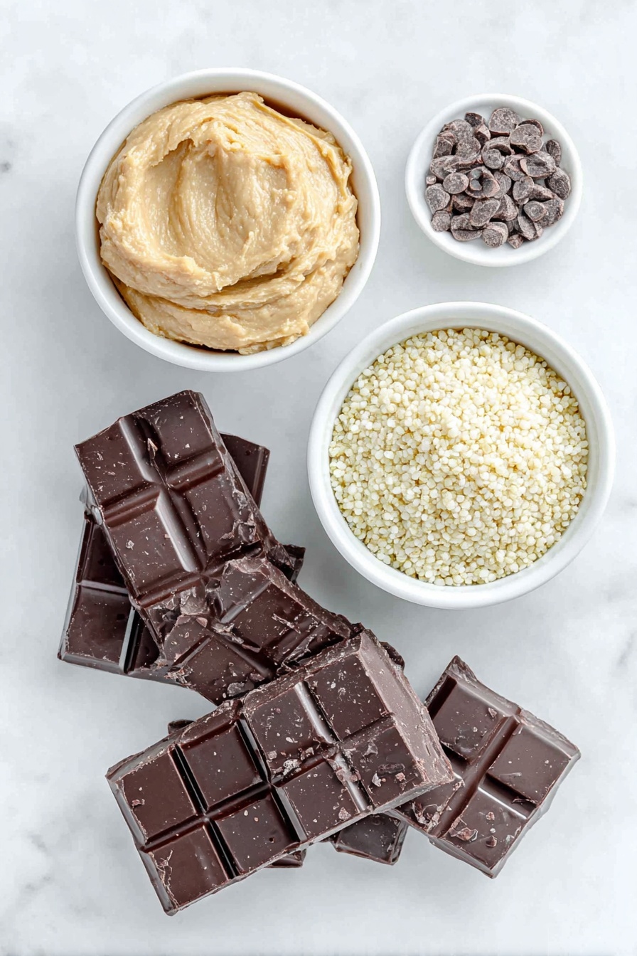 Flat lay of broken pieces of glossy dark chocolate, a smooth dollop of creamy cashew butter on a small white ceramic bowl, a small white ceramic bowl filled with light, airy popped quinoa, all arranged in perfect symmetry on a clean white marble surface, soft natural light, photo taken with an iPhone, professional food photography style, fresh ingredients, white ceramic bowls, no bottles, no duplicates, no utensils, no packaging --ar 2:3 --v 7 --p m7354615311229779997 - Chocolate Quinoa Bites, healthy chocolate snacks, quick no-bake treats, wholesome dessert ideas, easy chocolate energy bites
