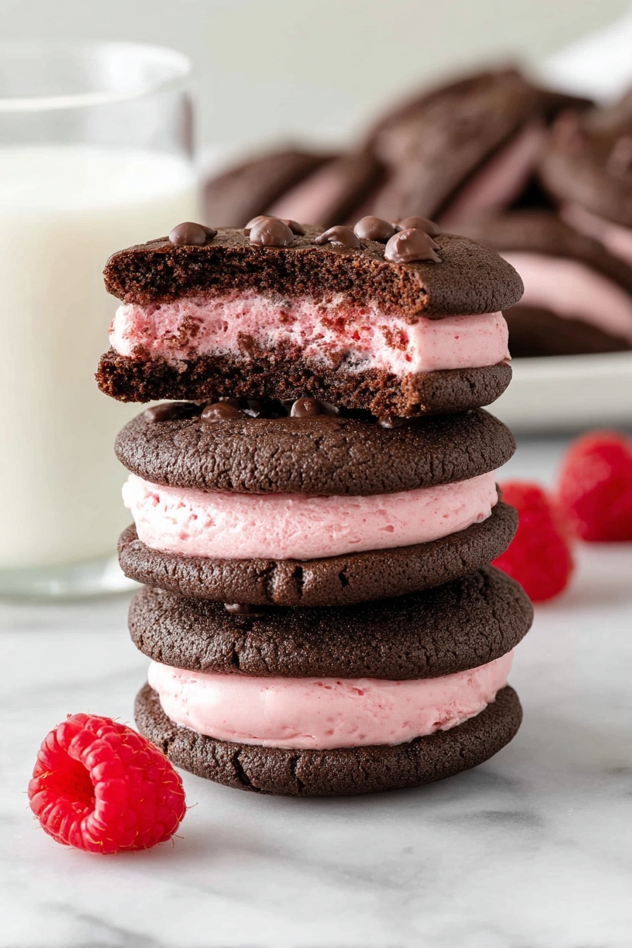 A stack of three chocolate sandwich cookies is shown on a white marbled surface. Each cookie has two dark brown, slightly textured chocolate layers with chocolate chips on the top. Between the layers is a thick, smooth pink cream filling that is evenly spread. The top cookie is bitten on one side, showing the soft pink filling and dark cookie inside. Two fresh red raspberries sit to the left near the cookie stack. In the background, a glass of milk and a white plate with more chocolate sandwich cookies are softly blurred. The lighting is bright and natural, emphasizing the rich colors and textures of the cookies. photo taken with an iphone --ar 2:3 --v 7 - Chocolate Raspberry Sandwich Cookies, Chocolate Raspberry Cookies, Raspberry Frosting Cookies, Fudgy Chocolate Cookies with Raspberry, Easy Raspberry Sandwich Cookies