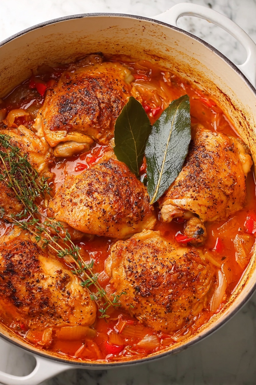 A white pot filled with five cooked chicken pieces partly covered by a rich orange-red sauce with bits of red peppers and onions visible. The chicken skin is browned and seasoned with black pepper, showing a textured surface. On top of the chicken, there is a sprig of fresh thyme and a large green bay leaf. The pot sits on a white marbled surface. photo taken with an iphone --ar 2:3 --v 7 - Chicken Cacciatore with Red Peppers, Chicken Cacciatore recipe, Easy Italian chicken dish, Rustic chicken stew, Red pepper chicken casserole
