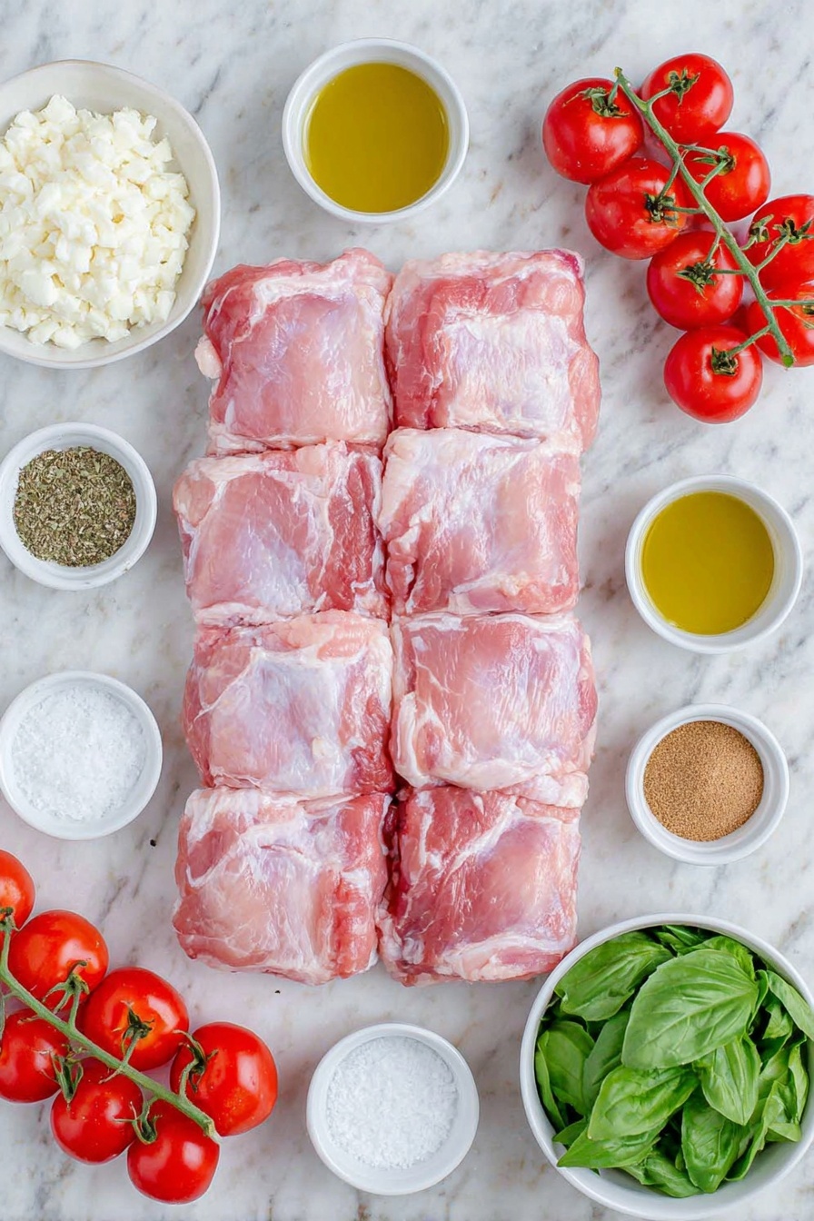 Flat lay of six raw skinless bone-in chicken thighs arranged neatly, a small white bowl of minced garlic, a small white bowl of dried oregano, a small white bowl of dried basil, a small white bowl of salt crystals, a small white bowl of cracked black pepper, a small white bowl of olive oil, a small white bowl of balsamic vinegar, a small white bowl of packed brown sugar, a cluster of whole fresh grape tomatoes, six slices of fresh mozzarella cheese, and a small white bowl filled with fresh chiffonade basil leaves, placed on a clean white marble surface, soft natural light, photo taken with an iPhone, professional food photography style, fresh ingredients, white ceramic bowls, no bottles, no duplicates, no utensils, no packaging --ar 2:3 --v 7 --p m7354615311229779997 - Balsamic Glazed Caprese Chicken, Caprese Chicken with Balsamic Glaze, Easy Italian Chicken Dinner, Cheesy Tomato Chicken Recipe, Quick Balsamic Chicken