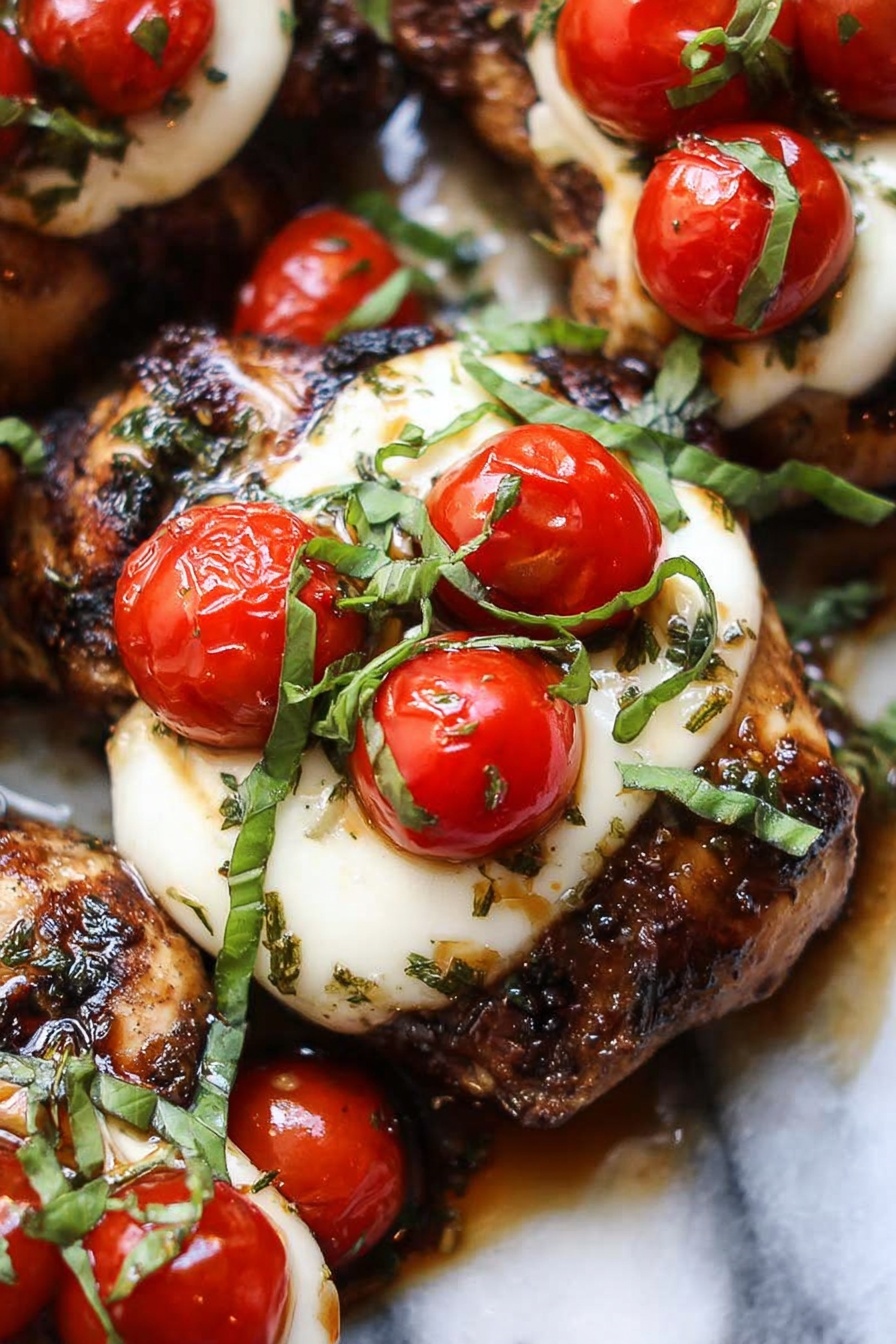 The image shows grilled chicken pieces topped with smooth, white melted cheese. Each chicken piece is dark brown with grill marks and herbs visible on the surface. On top of the cheese layer, there are halved cherry tomatoes that are bright red and glossy. Thin strips of fresh green basil leaves are scattered over the tomatoes, adding a fresh touch. There is a shiny glaze or sauce around the chicken, making the dish look moist. The background is a white marbled surface. photo taken with an iphone --ar 2:3 --v 7 - Balsamic Glazed Caprese Chicken, Caprese Chicken with Balsamic Glaze, Easy Italian Chicken Dinner, Cheesy Tomato Chicken Recipe, Quick Balsamic Chicken