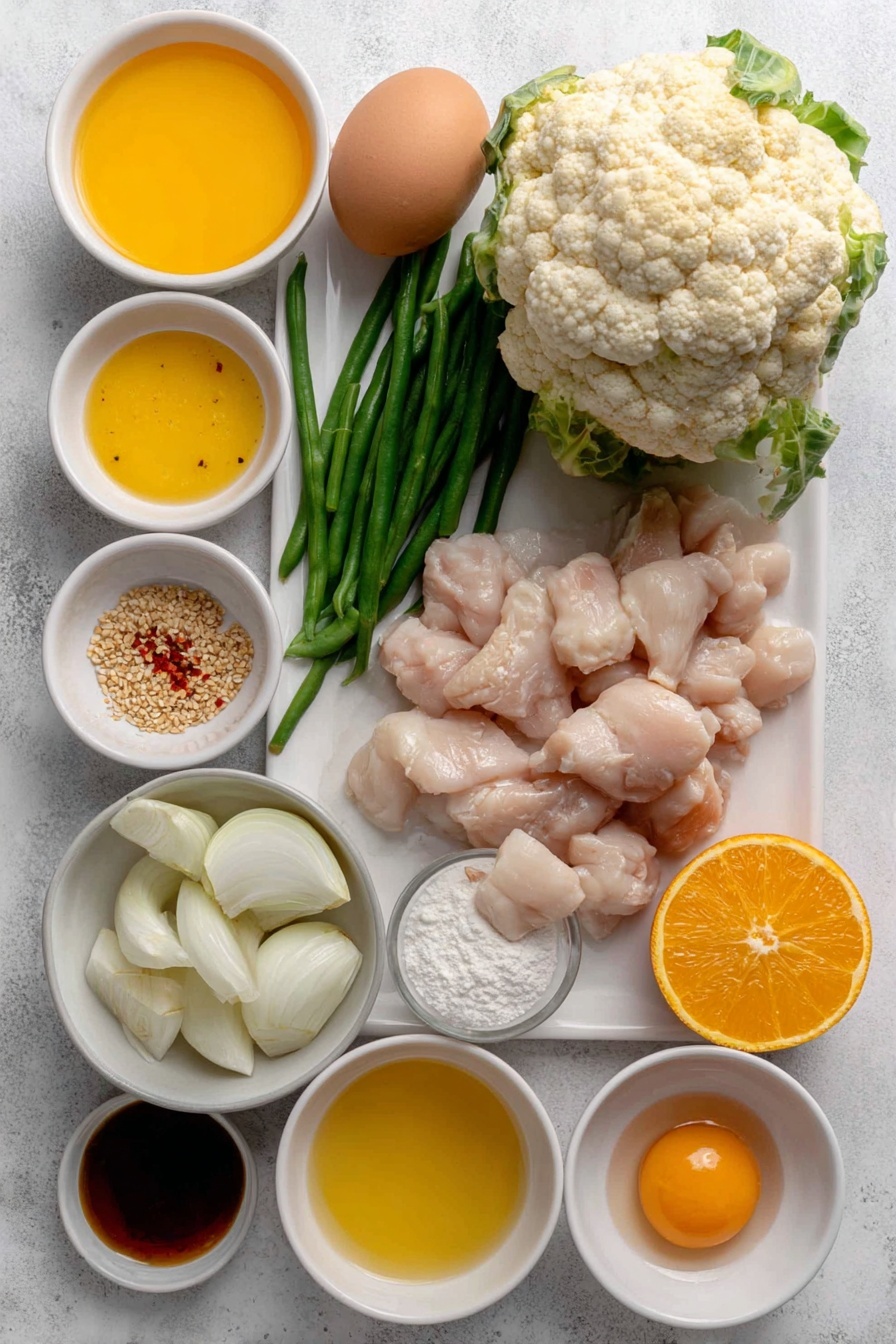 Flat lay of a fresh whole head of cauliflower with separated florets, a small pile of raw bite-sized chicken breast pieces, a halved white onion with chunks visible, three whole garlic cloves, one large red bell pepper sliced into thin strips, fresh green beans trimmed and cut, a small handful of raw cashews, one whole clean uncracked brown egg, a thinly sliced large orange with visible zest, a few fresh green onion stalks, a small mound of toasted sesame seeds, small white ceramic bowls containing golden coconut oil, bright orange freshly squeezed orange juice, amber honey, dark gluten-free soy sauce, finely grated fresh ginger, white cornstarch powder, and red pepper flakes, all arranged symmetrically on a clean white ceramic plate and white ceramic bowls, placed on a clean white marble surface, soft natural light, photo taken with an iPhone, professional food photography style, fresh ingredients, white ceramic bowls, no bottles, no duplicates, no utensils, no packaging --ar 2:3 --v 7 --p m7354615311229779997 - Healthy Orange Chicken Stir Fry cauliflower rice, healthy orange chicken stir fry, low-carb orange chicken recipe, citrus chicken stir fry, easy healthy dinner ideas