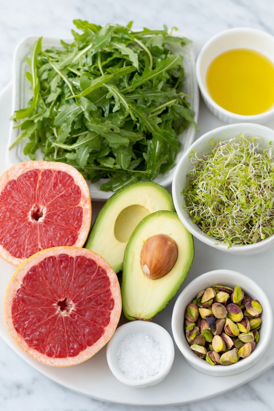 Flat lay of fresh arugula leaves spread out, two ripe but firm avocados sliced lengthwise with smooth green flesh, two ruby red grapefruits peeled and segmented showing juicy bright pink flesh, a small white ceramic bowl filled with roughly chopped pistachio nuts, a small white ceramic bowl of delicate microgreens, a small white ceramic bowl with golden olive oil, a small white ceramic bowl containing coarse sea salt flakes, all ingredients arranged in perfect symmetry on a simple white ceramic plate and bowls, placed on a clean white marble surface, soft natural light, photo taken with an iPhone, professional food photography style, fresh ingredients, white ceramic bowls, no bottles, no duplicates, no utensils, no packaging --ar 2:3 --v 7 --p m7354615311229779997 - Grapefruit and Avocado Salad with Pistachios, healthy citrus avocado salad, easy grapefruit avocado salad, fresh summer fruit salad, crunchy pistachio salad