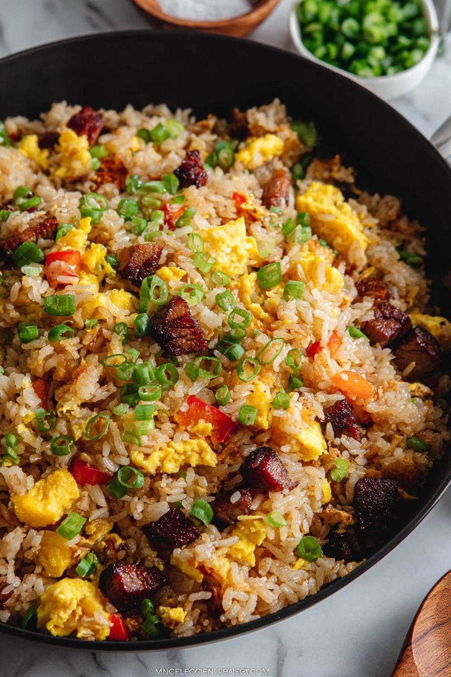 The image shows a close-up of a pan filled with fried rice that has several colorful layers and textures. The base layer is light brown cooked rice mixed with scrambled yellow egg pieces, small cubes of dark brown cooked meat, and bright yellow and red bell pepper chunks. Green onion slices are scattered over the top, adding bright green color spots. The rice looks slightly crisp in some parts, and the dish appears mixed evenly. The pan is black, and around it, the background has a white marbled texture with a small white bowl of more green onions and a small wooden bowl of salt visible. Photo taken with an iphone --ar 2:3 --v 7 - Leftover Ham Pineapple Fried Rice, quick pineapple fried rice, easy ham fried rice recipe, savory sweet fried rice, leftover ham recipes