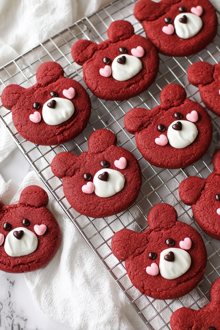 The image shows several red bear-shaped cookies laid out on a silver cooling rack and a white marbled surface with a soft white cloth nearby. Each cookie has two smaller rounded ears attached to a larger circular face, all in a deep red color with a slightly cracked texture. The bears' faces are decorated with white icing forming a rounded muzzle and two round ears, small dark chocolate dots as eyes and nose, and small pink heart shapes for cheeks. The cookies have a soft, slightly puffy look with a matte finish. Photo taken with an iphone --ar 2:3 --v 7 - Red Velvet Bear Cookies, easy red velvet cookies, adorable bear-shaped cookies, chocolatey red velvet treats, Valentine's Day cookie ideas