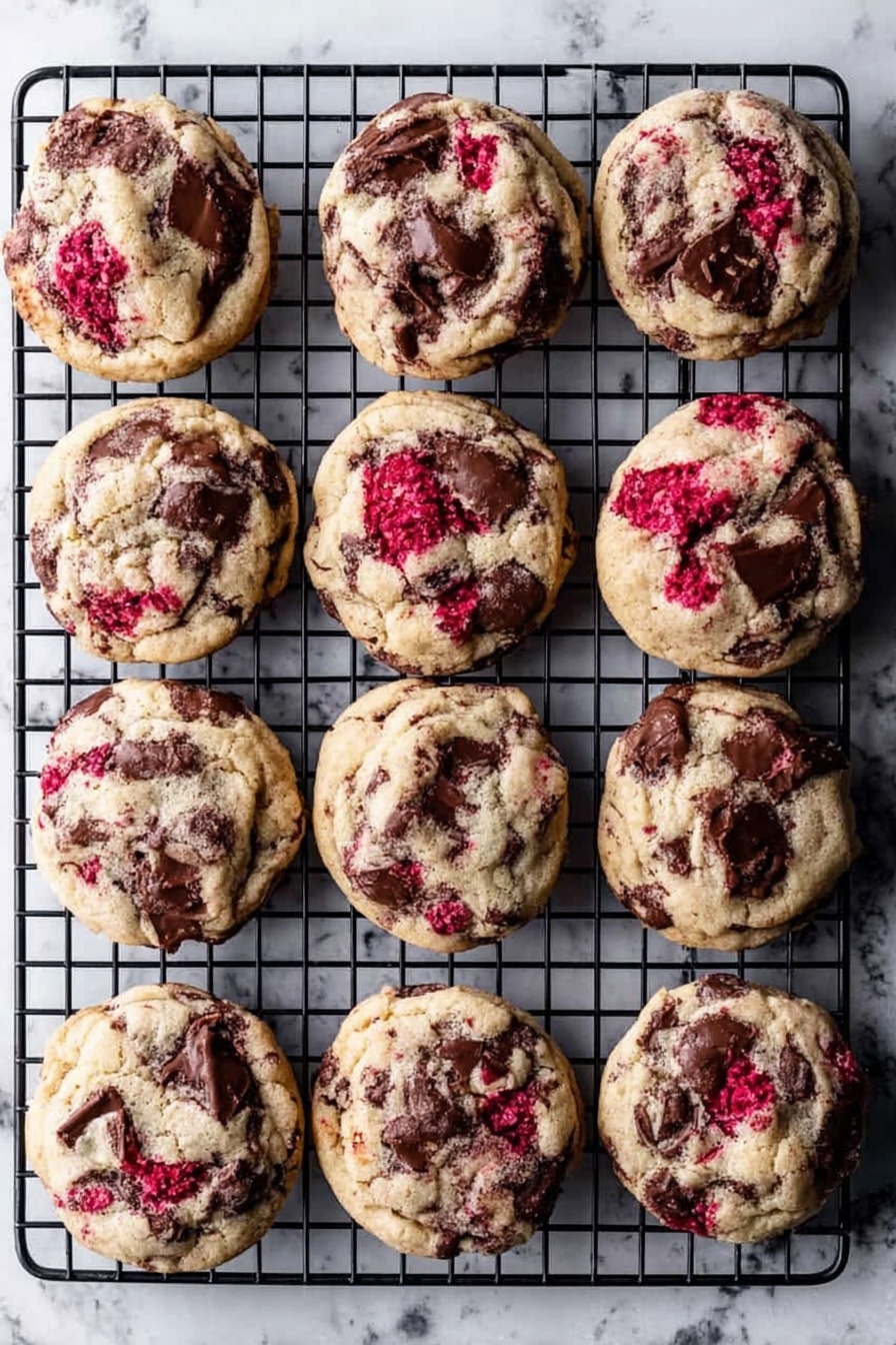 Twelve round cookies rest evenly spaced on a black cooling rack, showing a soft, slightly bumpy surface. Each cookie has a light tan color mixed with dark brown chocolate chunks and bright red raspberry bits scattered throughout. The cookies appear thick and chewy with chocolate pieces melting slightly into the dough, creating a marbled texture on top. The cooling rack sits on a white marbled surface, giving a clean contrast to the warm-toned treats. photo taken with an iphone --ar 2:3 --v 7 - Raspberry Chocolate Chunk Cookies, raspberry chocolate cookies, easy raspberry chocolate cookies, soft chocolate chip cookies with raspberries, fruity chocolate cookies