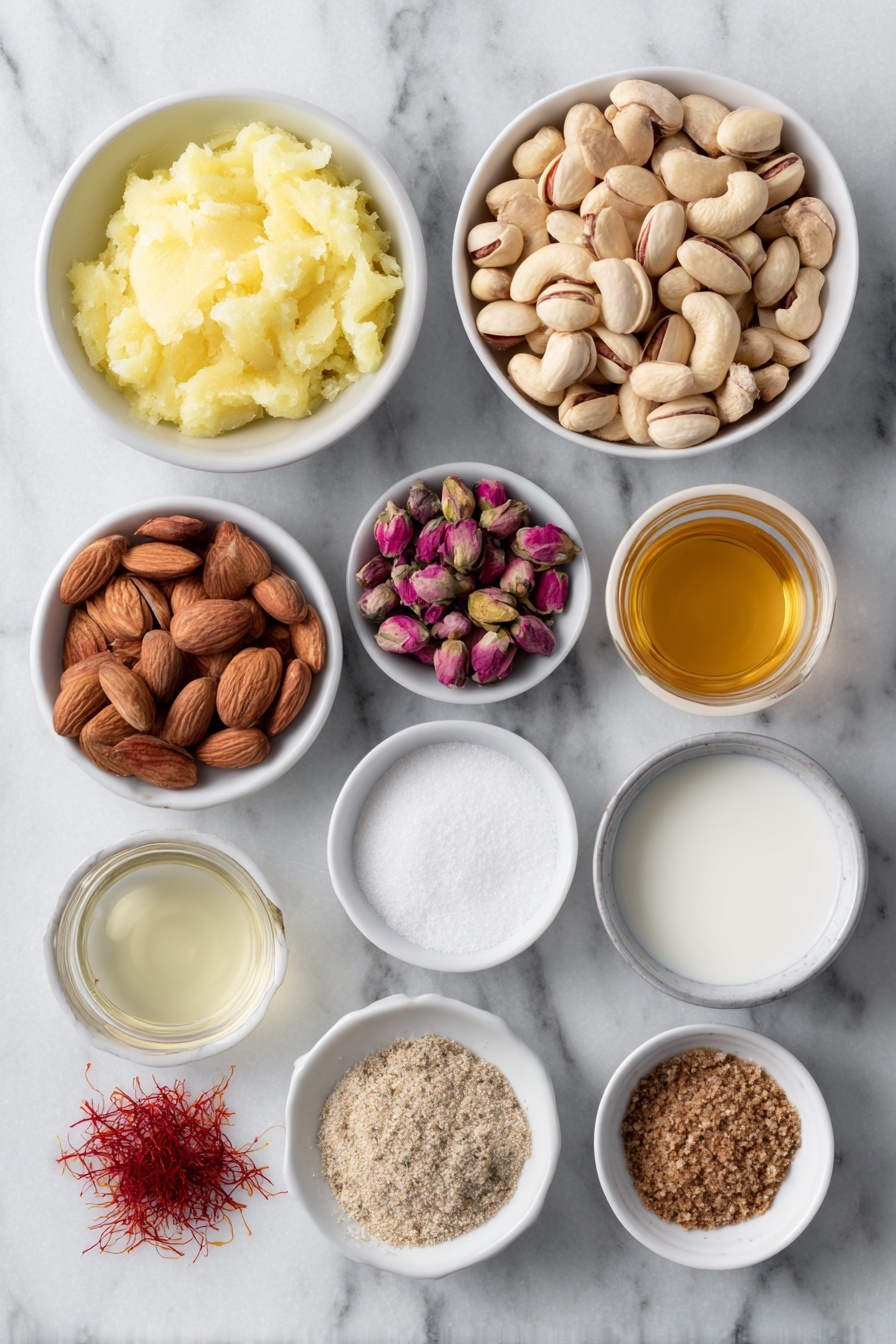 Flat lay of vegan ghee in a small white ceramic bowl, a small pile of whole cashews, a small pile of whole almonds, a small pile of whole slivered pistachios, a small white ceramic bowl filled with creamy coconut milk, a small white ceramic bowl filled with vegan creamer, a small pinch of saffron threads on a simple white ceramic plate, a small white ceramic bowl filled with granulated sugar, a small white ceramic bowl holding rose syrup, a small white ceramic bowl containing rose water, a small pile of ground cardamom powder on a white ceramic plate, a small pile of ground nutmeg on a white ceramic plate, and a few fresh edible rose petals arranged neatly, all placed on a clean white marble surface, soft natural light, photo taken with an iPhone, professional food photography style, fresh ingredients, white ceramic bowls, no bottles, no duplicates, no utensils, no packaging --ar 2:3 --v 7 --p m7354615311229779997 - Vegan Rose Basundi, vegan dessert recipes, floral dairy-free pudding, easy vegan sweet treats, dairy-free Indian desserts