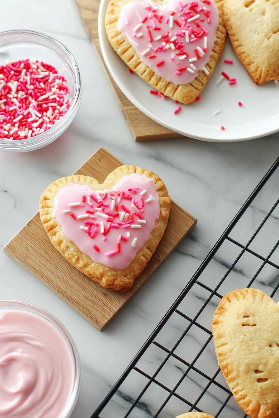 The image shows six small heart-shaped pastries arranged on a black cooling rack over a white marbled surface. Each pastry has two layers of golden-baked dough with fork-pressed edges. The top layer is decorated with light pink icing that covers most of the surface and drips slightly over the edges. On top of the icing, there are scattered red and darker pink sprinkles, adding texture and color contrast. A bit of the white marbled surface and part of a red and white cloth are visible in the bottom right corner. photo taken with an iphone --ar 2:3 --v 7 - Homemade Strawberry Pop Tarts, Strawberry Pop Tarts, Easy Pop Tarts, Flaky Pastry Treats, Berry Filled Breakfast Pastries
