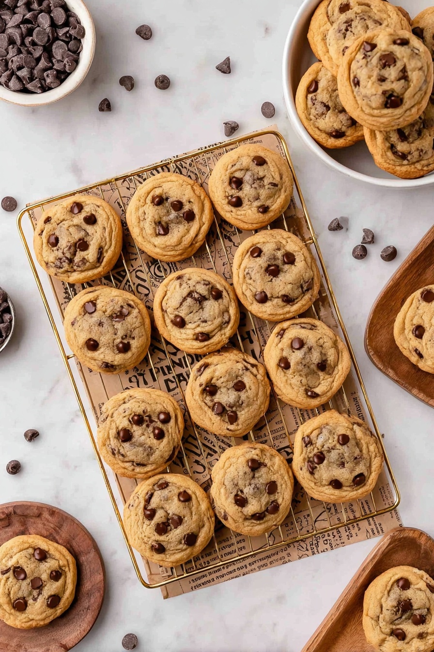 The image shows a close-up of a golden-brown cookie with a soft and slightly cracked texture, studded with dark chocolate chips both on top and inside. The cookie has a gooey, melted chocolate center that oozes out slightly where a piece is broken off. It sits on a sheet of printed parchment paper with parts of other cookies blurred in the background, all placed on a white marbled surface. photo taken with an iphone --ar 2:3 --v 7 - Brown Butter Sourdough Discard Chocolate Chip Cookies, sourdough discard cookies, brown butter chocolate chip cookies, chewy homemade cookies, sourdough cookie recipe
