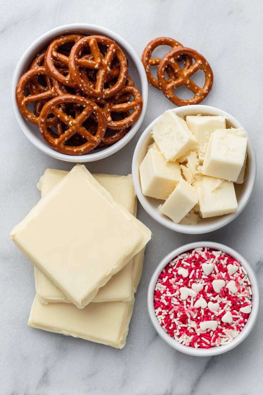 Flat lay of mini pretzels arranged neatly beside a small white ceramic bowl filled with smooth melted white chocolate almond bark, and another small white bowl holding vibrant red and pink heart-shaped sprinkles, all placed on a clean white marble surface, soft natural light, photo taken with an iPhone, professional food photography style, fresh ingredients, white ceramic bowls, no bottles, no duplicates, no utensils, no packaging --ar 2:3 --v 7 --p m7354615311229779997 - White Chocolate Pretzel Hearts, white chocolate pretzel candies, salty sweet pretzel treats, homemade pretzel chocolates, Valentine pretzel desserts