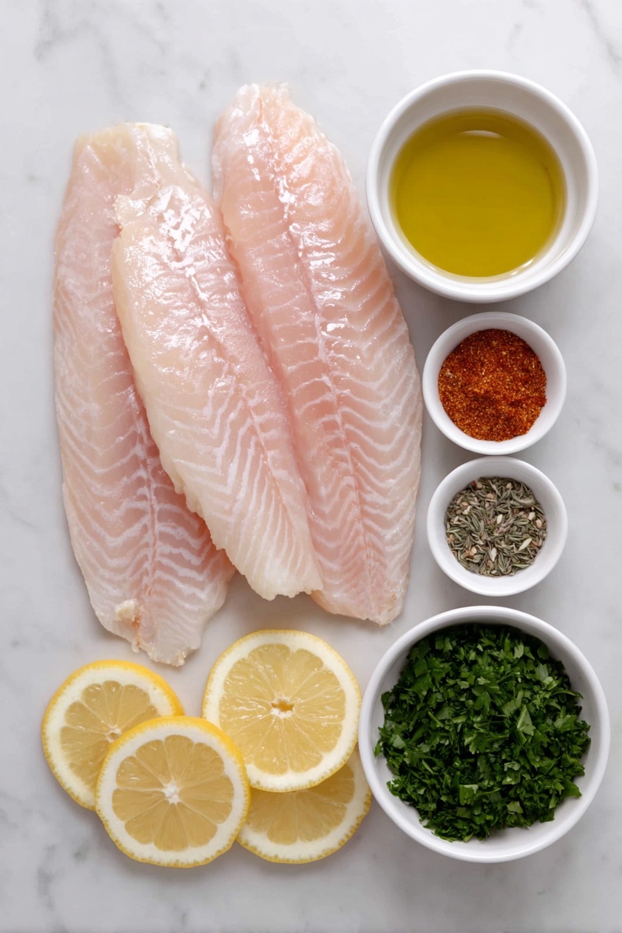 Flat lay of three fresh tilapia fillets with natural shine and texture, a small white ceramic bowl filled with golden olive oil, a small white ceramic bowl containing reddish paprika powder, a small white ceramic bowl with pale beige garlic powder, a small white ceramic bowl of dried thyme leaves, a small white ceramic bowl sprinkled with coarse kosher salt, a small white ceramic bowl of coarse ground black pepper, several bright yellow lemon wedges neatly arranged, and a small pile of vibrant green minced fresh parsley, all arranged in perfect symmetry on a clean white marble surface, soft natural light, photo taken with an iPhone, professional food photography style, fresh ingredients, white ceramic bowls, no bottles, no duplicates, no utensils, no packaging --ar 2:3 --v 7 --p m7354615311229779997 - Air Fryer Tilapia, healthy fish dinner, quick fish recipes, easy air fryer seafood, flaky tilapia