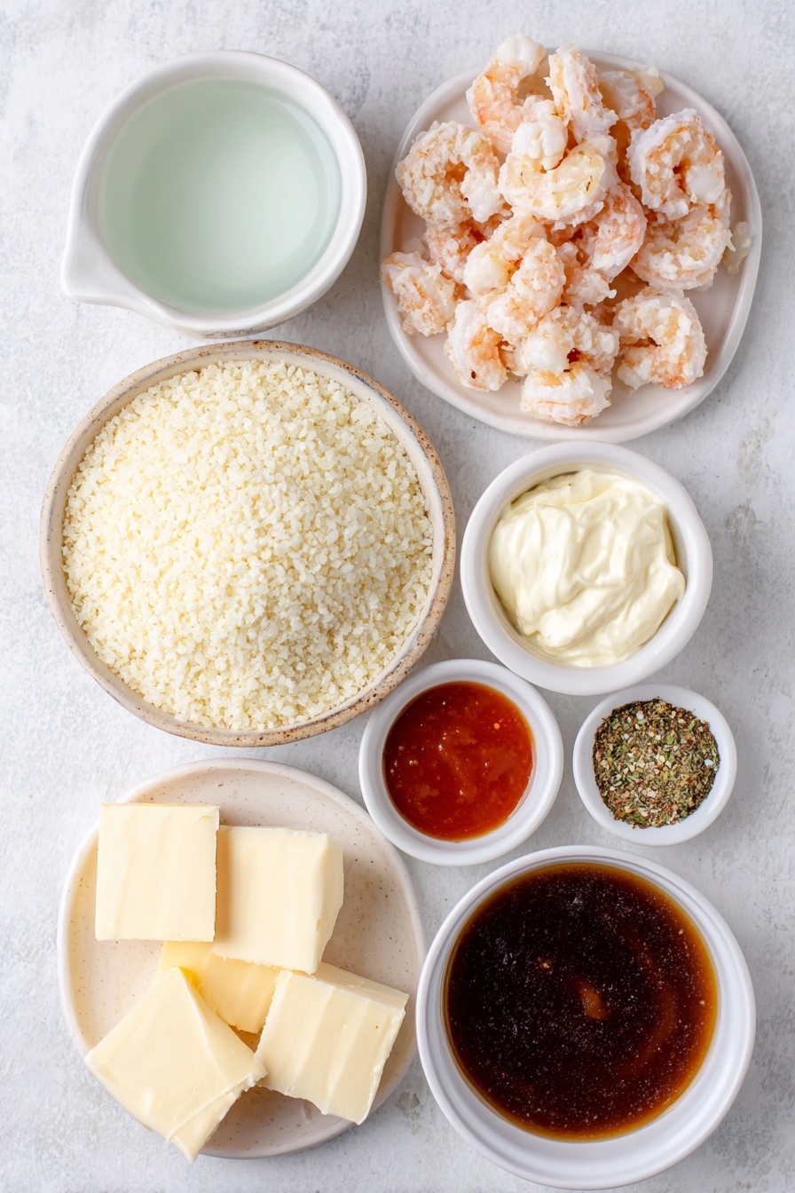 Flat lay of dry Calrose sushi rice in a small mound, a simple white ceramic bowl of clear water, a small white bowl filled with light amber seasoned rice vinegar, chopped imitation crab pieces arranged neatly on a white plate, a few golden-brown cooked tempura shrimp chopped into small segments on a white dish, a small white bowl of creamy Japanese mayonnaise, a white ceramic bowl with a smooth block of cream cheese, a small white bowl of bright red sriracha sauce, a small white bowl of green and black furikake seasoning flakes, a small white bowl of rich, dark brown unagi sauce placed on a clean white marble surface, soft natural light, photo taken with an iPhone, professional food photography style, fresh ingredients, white ceramic bowls, no bottles, no duplicates, no utensils, no packaging --ar 2:3 --v 7 --p m7354615311229779997 - Quick Sushi Bake, sushi bake recipe, easy sushi casserole, cheesy sushi bake, seafood baked dish