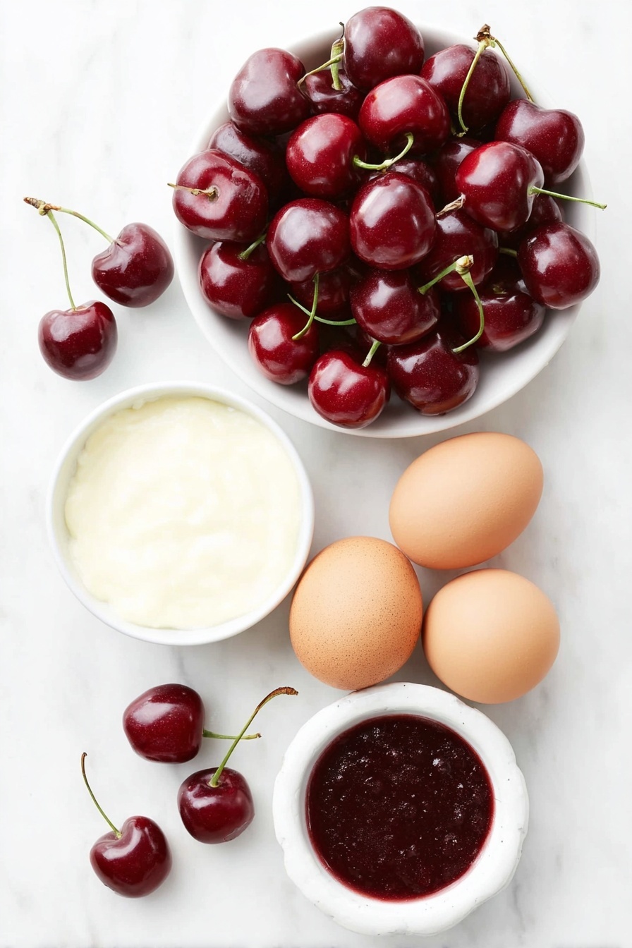 Flat lay of fresh whole cherries with glossy deep red skins, a few loose cherry pits beside them, two whole brown eggs with smooth clean shells, a small white ceramic bowl filled with creamy vanilla creamer, and a small white ceramic bowl containing rich dark maroon cherry juice, all arranged in perfect symmetry on a clean white marble surface, soft natural light, photo taken with an iPhone, professional food photography style, fresh ingredients, white ceramic bowls, no bottles, no duplicates, no utensils, no packaging --ar 2:3 --v 7 --p m7354615311229779997 - Cherry Dr Pepper Cold Foam Shake, Cherry Dr Pepper beverage, cherry soda drink, easy Dr Pepper shake, cold foam dessert
