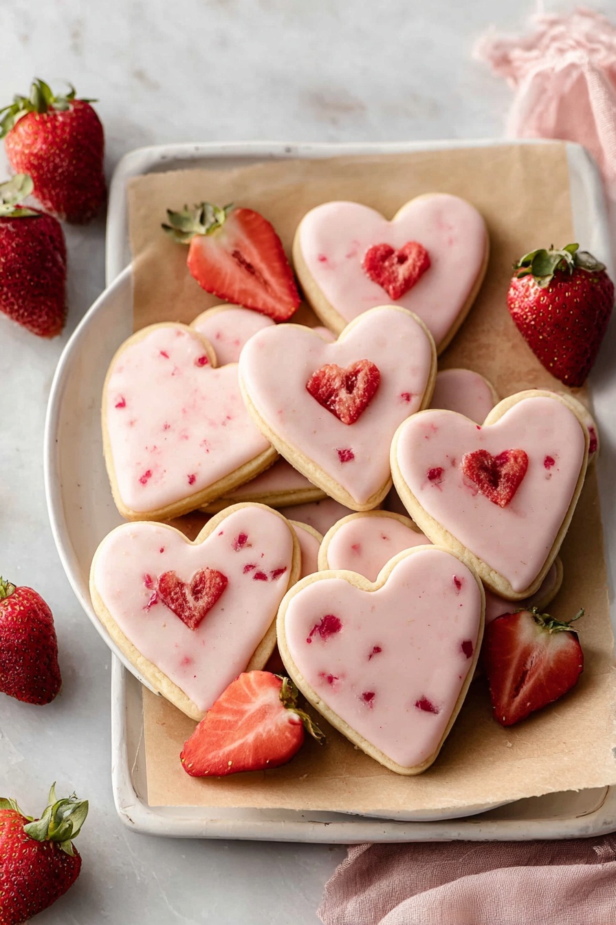 A stack of heart-shaped cookies with two layers each: a light tan cookie base and a pink frosting layer on top with little red pieces mixed in. Between the two cookie layers is a thick, glossy, bright red jam that slightly oozes out from the sides. The cookies are arranged closely together on a white marbled surface with one cookie showing a small bite taken out. The pink frosting has a smooth and shiny texture with tiny bits of red fruit visible, and one cookie near the front has a small dried strawberry piece on top. Photo taken with an iphone --ar 2:3 --v 7 - Strawberry Heart Shortbread Cookies, strawberry shortbread cookies, heart-shaped cookies with strawberry glaze, easy strawberry shortbread recipe, homemade strawberry cookies