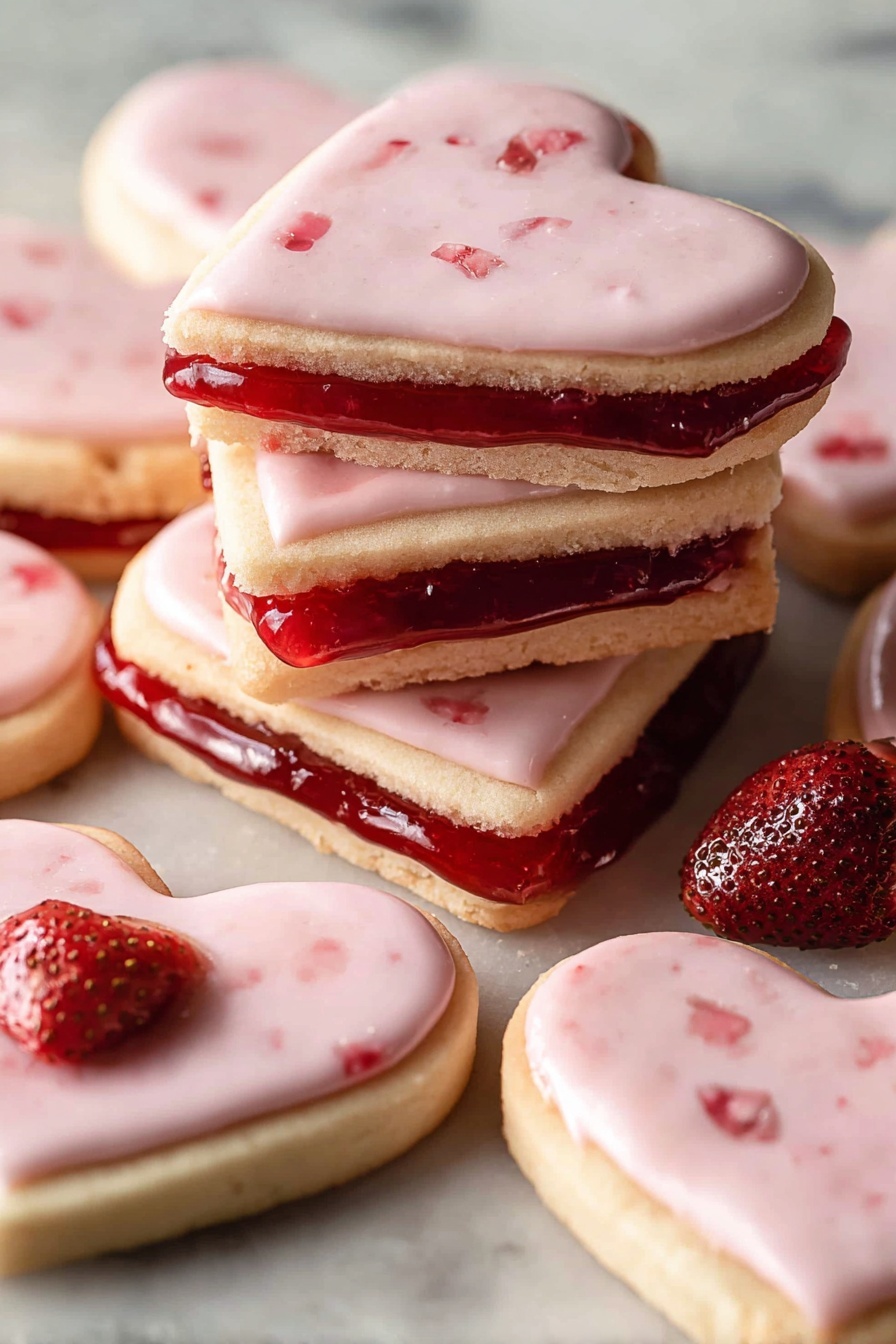 The image shows a set of heart-shaped cookies with two visible layers: a golden brown cookie base and a smooth, light pink icing layer on top, speckled with small red bits, some with a small dried strawberry piece as decoration. The cookies are placed on a white marbled surface with a few fresh strawberries scattered around, adding a bright red contrast. Some cookie crumbs and small smears of red jam or icing are casually spread around, giving a natural and inviting look. Photo taken with an iphone --ar 2:3 --v 7 - Strawberry Heart Shortbread Cookies, strawberry shortbread cookies, heart-shaped cookies with strawberry glaze, easy strawberry shortbread recipe, homemade strawberry cookies