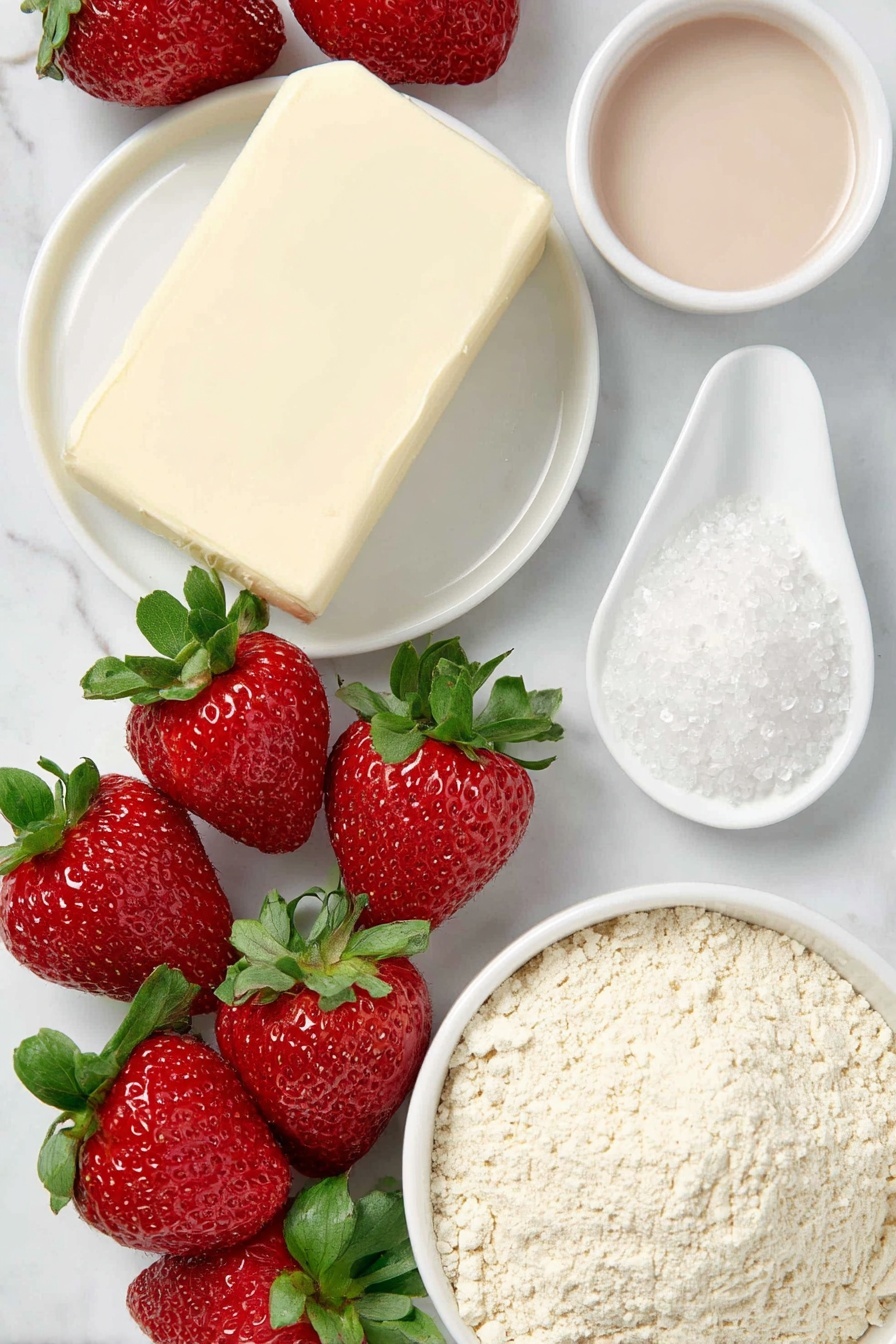 Flat lay of fresh whole strawberries with vibrant red color and green leaves, a small white ceramic bowl filled with granulated sugar crystals, a smooth slab of creamy vegan butter at room temperature on a white ceramic plate, a small white bowl with pale pink liquid food coloring, a neat mound of all-purpose plain flour on a simple white ceramic dish, a small white bowl containing light beige baking soda powder, and a tiny pinch of fine sea salt grains arranged precisely on a white ceramic spoon-shaped dish, all ingredients fresh and natural, balanced symmetrically, placed on a clean white marble surface, soft natural light, photo taken with an iPhone, professional food photography style, fresh ingredients, white ceramic bowls, no bottles, no duplicates, no utensils, no packaging --ar 2:3 --v 7 --p m7354615311229779997 - Vegan Strawberry Sugar Cookies, vegan strawberry cookies, plant-based strawberry cookies, easy vegan cookie recipe, healthy strawberry dessert