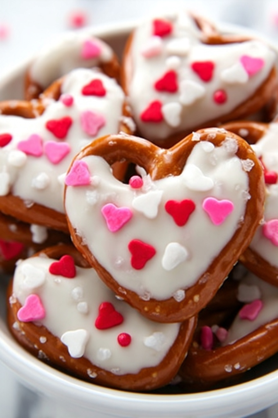 A close-up view of pretzels shaped like hearts, each topped with smooth white coating and decorated with small pink, red, and white heart-shaped sprinkles. The pretzels are arranged tightly in a white bowl, showing their shiny brown texture and white salt crystals. The white coating contrasts nicely with the brown pretzels and adds a creamy look. The background has a white marbled texture. photo taken with an iphone --ar 2:3 --v 7 - White Chocolate Pretzel Hearts, white chocolate pretzel candies, salty sweet pretzel treats, homemade pretzel chocolates, Valentine pretzel desserts