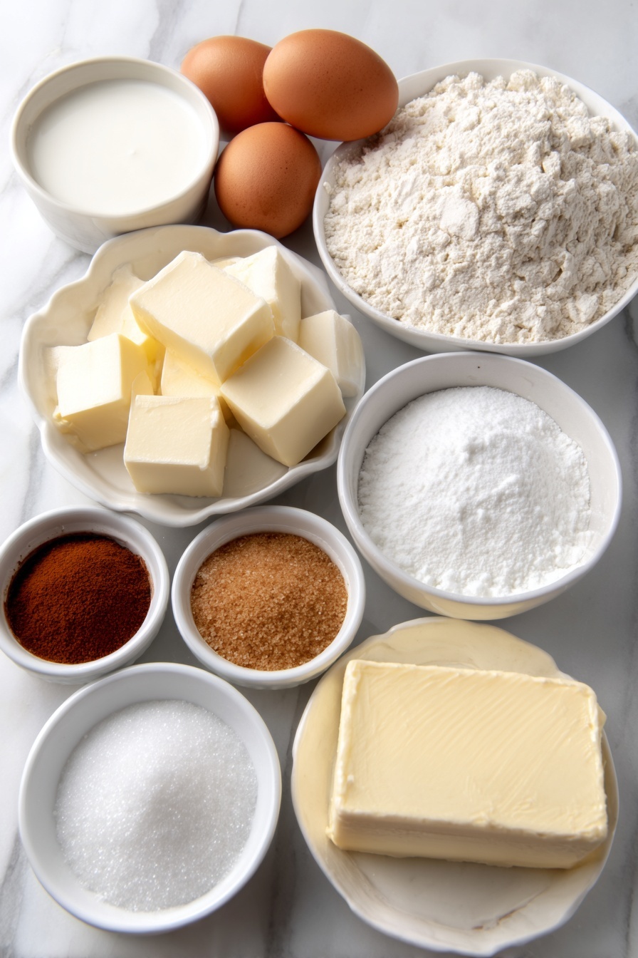 Flat lay of a small white ceramic bowl of warm milk beside a small white ceramic bowl of salted butter cubes, two whole uncracked brown eggs, a simple white ceramic bowl with granulated sugar, a small white ceramic bowl holding light brown active dry yeast granules, a small white ceramic bowl filled with warm water, a small white ceramic bowl containing smooth vanilla extract, a pile of fresh all-purpose flour heaped neatly on the side, a small white ceramic bowl of brown sugar, a small white ceramic bowl of ground cinnamon, a small white ceramic bowl with powdered sugar, a block of fresh cream cheese next to a small white ceramic bowl of melted salted butter, a small white ceramic bowl of lemon juice, all ingredients natural and fresh, placed symmetrically on a clean white marble surface, soft natural light, photo taken with an iPhone, professional food photography style, fresh ingredients, white ceramic bowls, no bottles, no duplicates, no utensils, no packaging --ar 2:3 --v 7 --p m7354615311229779997 - Mardi Gras King Cake, King Cake Recipe, New Orleans King Cake, festive King Cake, traditional King Cake