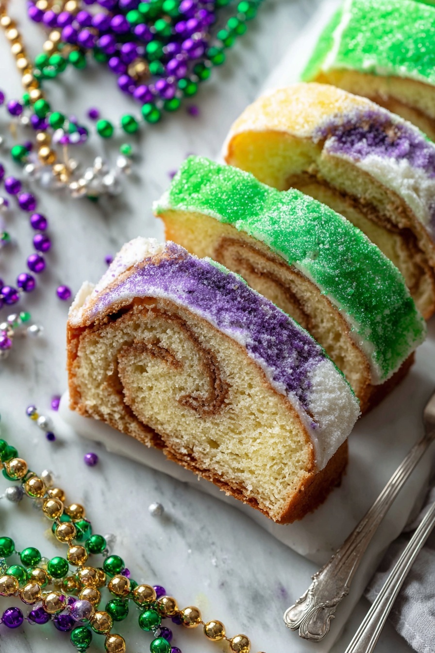 The image shows three slices of a cake with three layers on a white marbled surface. The top layer is bright green with a rough sugary texture, the middle layer is white with light yellow bread inside, and the bottom layer has purple and green sugary powder on white frosting. The inside of the bottom slice reveals soft light brown swirls in the bread. Surrounding the cake slices are strands of shiny beads in green, purple, and gold colors. A silver knife and a fork are placed near the cake slices. photo taken with an iphone --ar 2:3 --v 7 - Mardi Gras King Cake, King Cake Recipe, New Orleans King Cake, festive King Cake, traditional King Cake