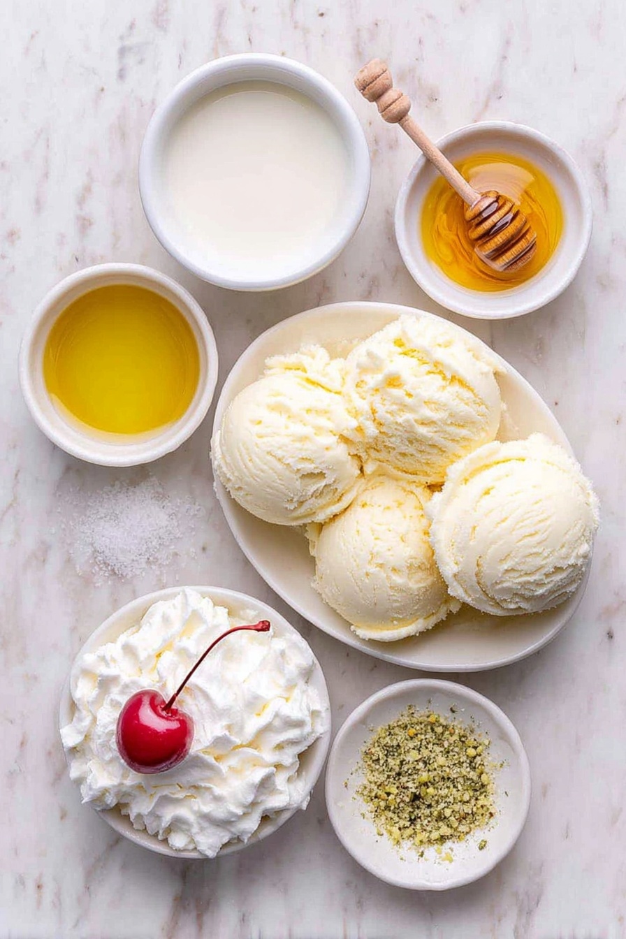 Flat lay of four scoops of creamy vanilla ice cream, a small white bowl of smooth milk, a tiny white bowl holding clear peppermint extract, a few drops of vivid green liquid food coloring in a small white bowl, a dollop of fluffy whipped cream on a simple white ceramic plate, one bright red cherry with a green stem on a white plate, a small white plate with golden honey, and another small white plate sprinkled with fine green sanding sugar, all arranged in perfect symmetry, placed on a clean white marble surface, soft natural light, photo taken with an iPhone, professional food photography style, fresh ingredients, white ceramic bowls, no bottles, no duplicates, no utensils, no packaging --ar 2:3 --v 7 --p m7354615311229779997 - Copycat Shamrock Shake, homemade Shamrock Shake, mint green milkshake, St. Patrick's Day shake, vanilla mint milkshake
