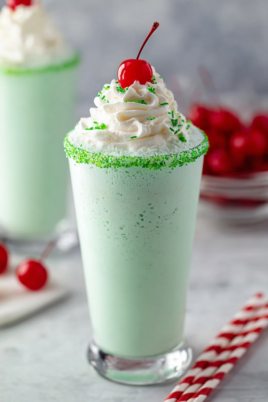 A tall clear glass filled with a pale green creamy drink with a smooth texture and small bubbles on the surface, topped with a swirl of white whipped cream sprinkled with small green sugar crystals, and a bright red cherry with a stem placed in the center. The rim of the glass is coated with green sugar crystals. The glass is set on a white marbled surface with another similar drink blurred in the background and a bowl of red cherries also blurred to the side. Two red and white striped straws lie diagonally near the glass. Photo taken with an iphone --ar 2:3 --v 7 - Copycat Shamrock Shake, homemade Shamrock Shake, mint green milkshake, St. Patrick's Day shake, vanilla mint milkshake