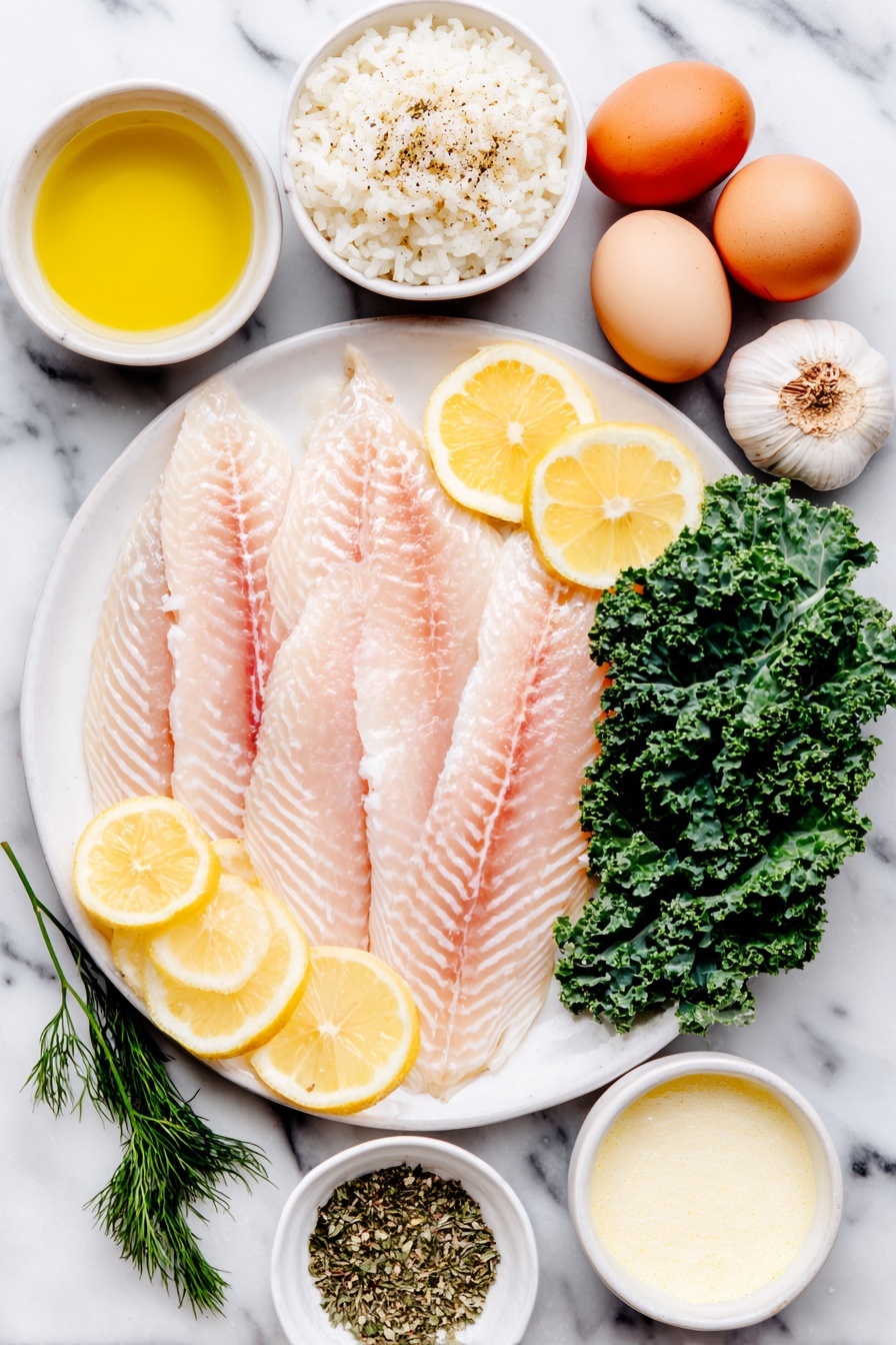 Flat lay of fresh raw tilapia fillets with thin lemon slices, whole uncracked brown eggs, a small mound of cooked fluffy basmati rice on a simple white ceramic plate, a few vibrant green kale leaves, several whole garlic cloves, a small white ceramic bowl of extra virgin olive oil, another small white bowl filled with creamy coconut milk, a small white bowl containing vegetable stock, a tiny white bowl with freshly squeezed lemon juice, a small white bowl of grated dairy-free parmesan cheese, and a neat arrangement of dried herbs (parsley, oregano, basil, thyme, dill) in a small white bowl placed symmetrically, all ingredients fresh and natural, placed on a clean white marble surface, soft natural light, photo taken with an iPhone, professional food photography style, fresh ingredients, white ceramic bowls, no bottles, no duplicates, no utensils, no packaging --ar 2:3 --v 7 --p m7354615311229779997 - Creamy Lemon Garlic Tilapia, lemon garlic fish recipe, quick healthy tilapia dinner, easy seafood recipes, flavorful tilapia dish