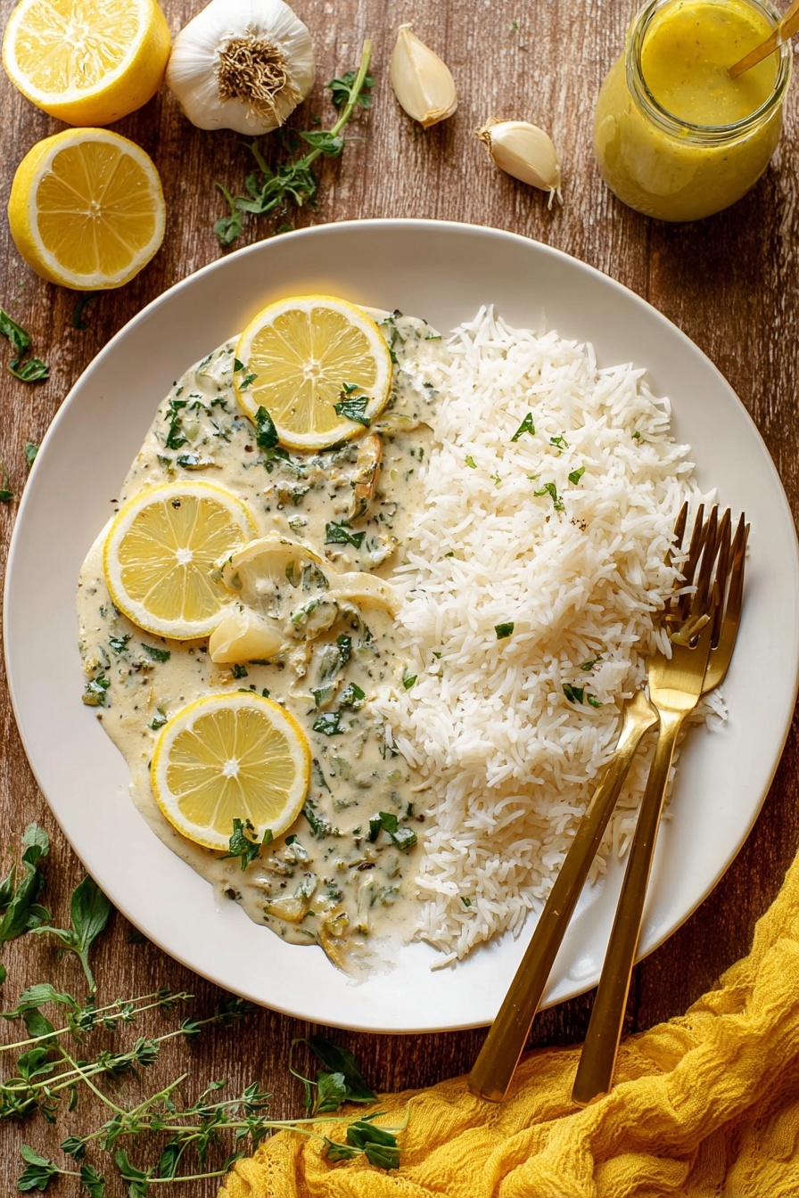 A white plate holds two main layers: on the right side is a pile of white rice with a soft, fluffy texture, while the left side features a creamy, pale green sauce with visible herbs and small vegetable chunks. On top of the sauce lie thin, yellow lemon slices, some partially covered by the sauce. Two golden forks rest on the right edge of the plate, one slightly placed on the rice. The plate sits on a rustic wooden surface with a bulb of garlic and sprigs of fresh green herbs nearby. A cut lemon half and a jar of yellow sauce are also visible around the plate. A yellow cloth is partially in the frame at the bottom right. Photo taken with an iphone --ar 2:3 --v 7 - Creamy Lemon Garlic Tilapia, lemon garlic fish recipe, quick healthy tilapia dinner, easy seafood recipes, flavorful tilapia dish