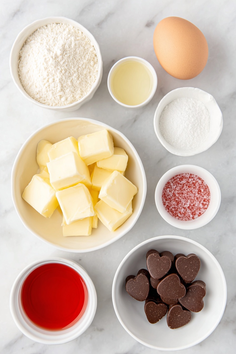 Flat lay of a few smooth butter curls at room temperature, a small white ceramic bowl filled with fine granulated sugar, one large whole egg with a clean shell, a small white bowl holding creamy milk, a small white bowl with vibrant red liquid food coloring, a small white bowl with pale golden vanilla extract, a simple white ceramic bowl of all-purpose flour, a small white bowl with rich dark cocoa powder, a small white bowl containing fine baking soda, a small white bowl with coarse kosher salt, a small white bowl filled with bright red sparkling sugar, and a neat cluster of small heart-shaped milk chocolates with glossy finish, all arranged in perfect symmetry on a clean white marble surface, soft natural light, photo taken with an iPhone, professional food photography style, fresh ingredients, white ceramic bowls, no bottles, no duplicates, no utensils, no packaging --ar 2:3 --v 7 --p m7354615311229779997 - Red Velvet Blossom Cookies with Chocolate Hearts, red velvet cookies, Valentine’s Day cookies, festive cookie recipes, chocolate heart cookies