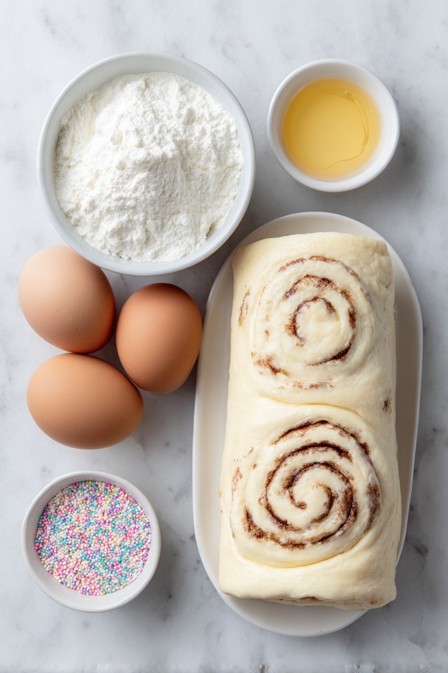 Flat lay of a small mound of pale beige raw cinnamon roll dough, soft and slightly floured, a few colorful round sprinkles scattered beside it, a small white ceramic bowl filled with smooth white icing, placed on a clean white marble surface, soft natural light, photo taken with an iPhone, professional food photography style, fresh ingredients, white ceramic bowls, no bottles, no duplicates, no utensils, no packaging --ar 2:3 --v 7 --p m7354615311229779997 - Heart Shaped Cinnamon Rolls, cinnamon roll baking, Valentine’s Day breakfast ideas, adorable cinnamon roll recipes, easy cinnamon roll shapes
