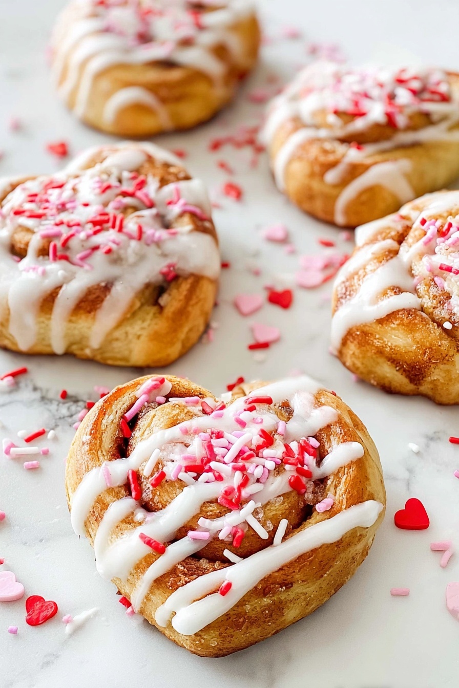 The image shows soft, golden-brown cinnamon rolls with white icing drizzled thickly on top. On the icing, there are red, pink, and white heart-shaped and sprinkle decorations scattered around, adding a festive look. The rolls have visible layers of swirled dough inside, showing a light fluffy inside with cinnamon filling. One roll in the front has a piece pulled off, showing its soft interior. The rolls are placed on a white marbled textured surface. photo taken with an iphone --ar 2:3 --v 7 - Heart Shaped Cinnamon Rolls, cinnamon roll baking, Valentine’s Day breakfast ideas, adorable cinnamon roll recipes, easy cinnamon roll shapes