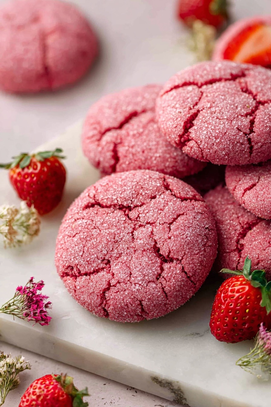 The image shows several soft, round pink cookies with a sugar-coated crackled surface. One cookie in the center has a bite taken out, revealing a slightly darker pink inside with a soft texture. Bright red strawberries with green tops are scattered around the cookies, placed on white parchment paper over a white marbled surface. The colors focus on shades of pink and red with a sparkling sugar texture on the cookies. photo taken with an iphone --ar 2:3 --v 7 - Vegan Strawberry Sugar Cookies, vegan strawberry cookies, plant-based strawberry cookies, easy vegan cookie recipe, healthy strawberry dessert