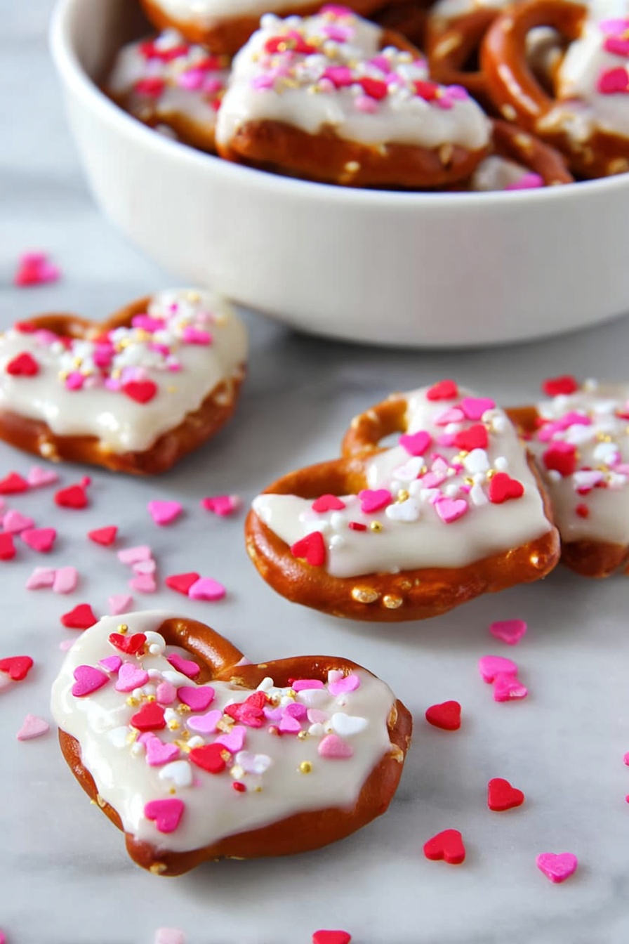 Heart-shaped pretzel snacks are shown, each with a shiny brown base layer and a white layer of smooth frosting covering most of the top surface. Small red, pink, and white heart-shaped sprinkles are scattered over the white frosting on each pretzel, with some sprinkles falling onto the white marbled surface below. In the background, there is a white bowl filled with more of these decorated pretzels. Photo taken with an iphone --ar 2:3 --v 7 - White Chocolate Pretzel Hearts, white chocolate pretzel candies, salty sweet pretzel treats, homemade pretzel chocolates, Valentine pretzel desserts