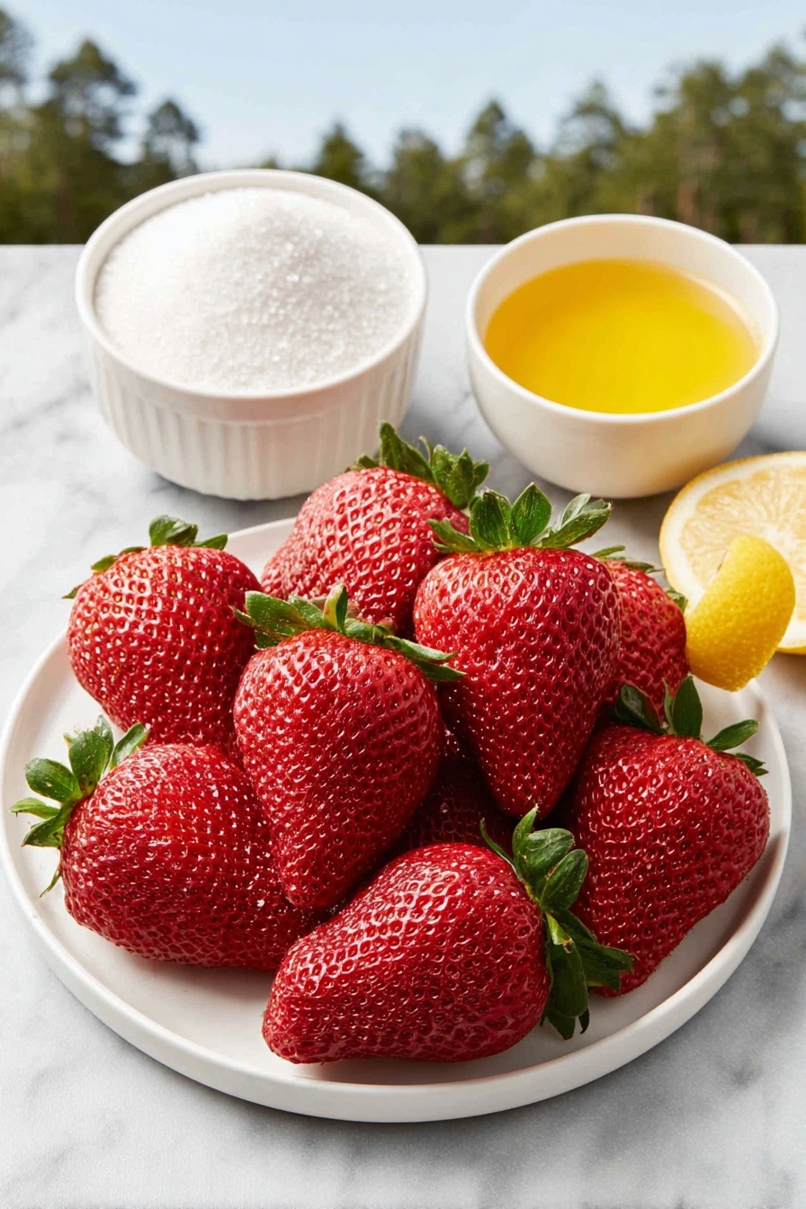 Flat lay of fresh whole strawberries with green leafy tops, a small white ceramic bowl filled with granulated white sugar, a small white ceramic bowl containing bright yellow lemon juice, and a single lemon zest curl placed beside a tiny pinch of coarse sea salt on the white ceramic plate, all arranged symmetrically in a balanced layout, placed on a clean white marble surface, soft natural light, photo taken with an iPhone, professional food photography style, fresh ingredients, white ceramic bowls, no bottles, no duplicates, no utensils, no packaging --ar 2:3 --v 7 --p m7354615311229779997 - Easy Strawberry Sorbet, strawberry sorbet recipe, simple summer sorbet, fruit sorbet without ice cream machine, homemade strawberry dessert