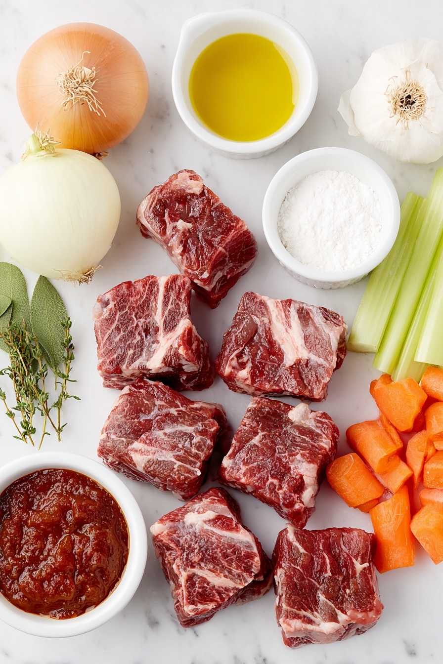 Flat lay of fresh raw beef chuck chunks with a deep red color and white marbling, three whole uncracked garlic bulbs, two whole yellow onions with papery skin, diced raw bacon pieces with visible fat, a small white ceramic bowl of golden olive oil, a small white ceramic bowl of fine all-purpose flour, a small white ceramic bowl filled with thick red tomato paste, two fresh orange carrots peeled and cut into thick rounds, two celery stalks cut into crisp pale green pieces, two fresh glossy green bay leaves, and three sprigs of fresh thyme with tiny green leaves, all arranged symmetrically on a clean white marble surface, soft natural light, photo taken with an iPhone, professional food photography style, fresh ingredients, white ceramic bowls, no bottles, no duplicates, no utensils, no packaging --ar 2:3 --v 7 --p m7354615311229779997 - Beef Guinness Stew, Irish beef stew, hearty beef stew with Guinness, slow cooker beef Guinness stew, traditional Irish beef stew