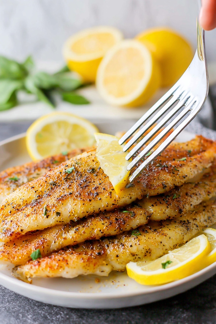 The image shows a white plate with three cooked fish fillets stacked on top of each other. Each fillet is golden brown with a slightly crispy texture, sprinkled evenly with black pepper and herbs. There are thin lemon slices placed between the fillets and on top as decoration. A metal spatula is lifting the top fillet, held by a woman's hand. The background features a white marbled texture with out-of-focus lemon halves and green herb leaves for color contrast. Photo taken with an iphone --ar 2:3 --v 7 - Air Fryer Tilapia, healthy fish dinner, quick fish recipes, easy air fryer seafood, flaky tilapia