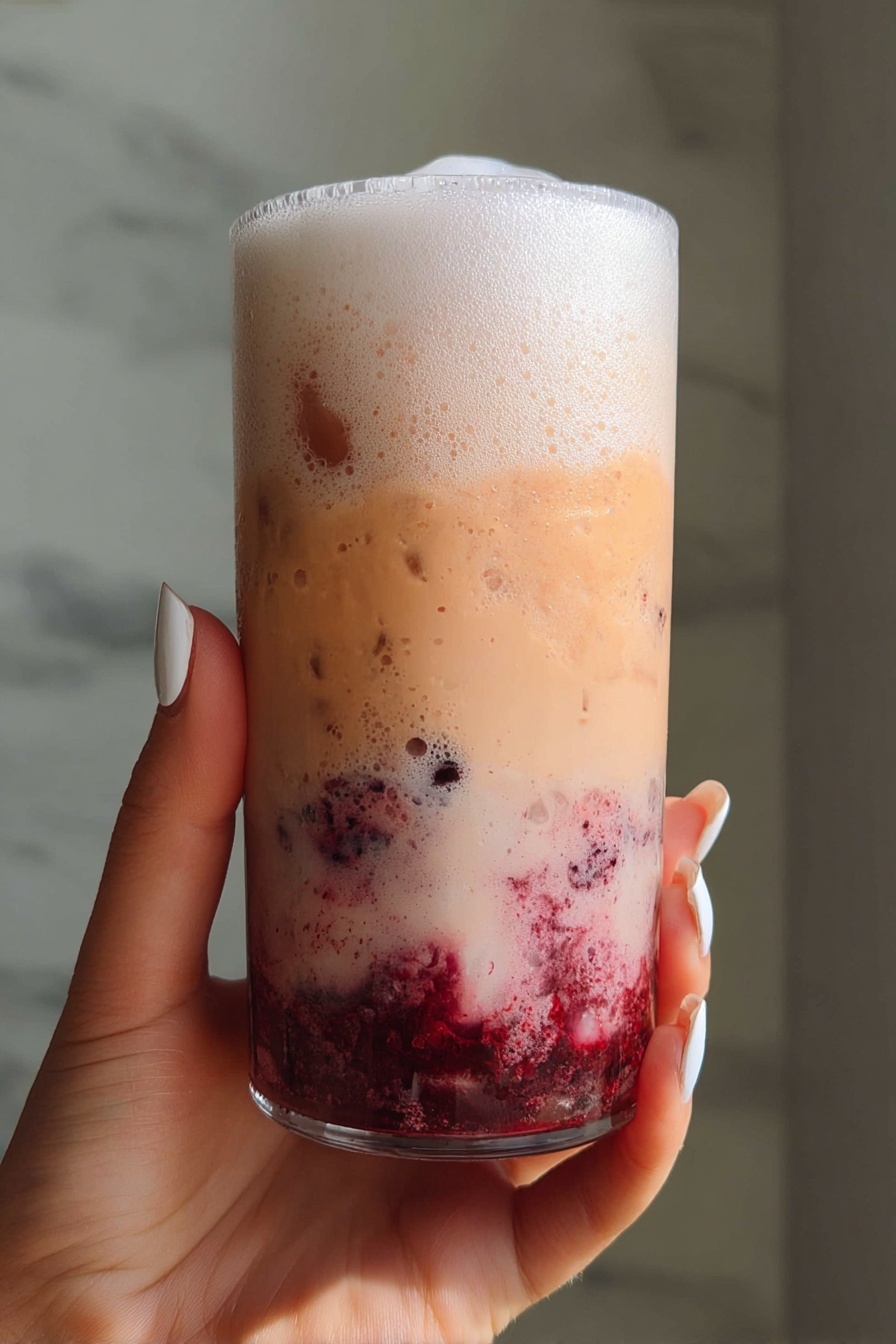 A clear glass filled with a creamy pink drink with small dark pieces inside, topped with a layer of thick white foam that almost reaches the rim. The glass is held by a woman's hand with white painted nails in the bottom right corner. In the background, there is another similar glass with a straw, two red soda cans, and a small white bowl with dark red cherries, all placed on a white marbled surface with a blurred vase holding green and brown flowers and a lit gray candle behind. photo taken with an iphone --ar 2:3 --v 7 - Cherry Dr Pepper Cold Foam Shake, Cherry Dr Pepper beverage, cherry soda drink, easy Dr Pepper shake, cold foam dessert