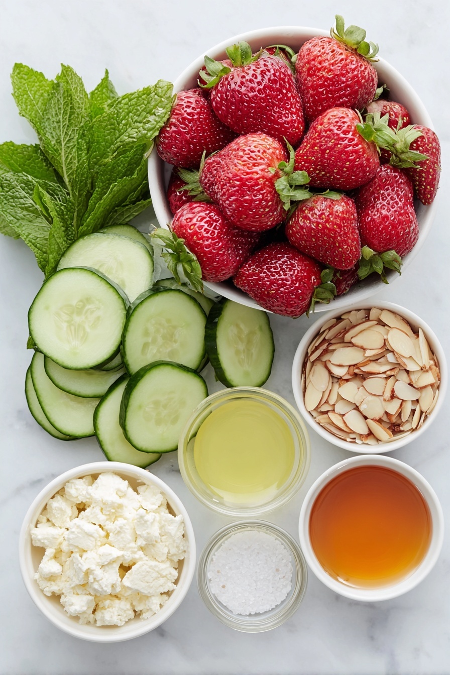 Flat lay of fresh red strawberries, thinly sliced bright green English cucumber rounds, a small white bowl of creamy crumbled feta cheese, a few sprigs of vibrant green fresh mint leaves, a small white bowl of toasted slivered almonds, a small white bowl of golden olive oil, a small white bowl of pale yellow fresh lemon juice, a small white bowl of amber honey, small piles of coarse black pepper and white salt crystals, all arranged with perfect symmetry on a clean white marble surface, soft natural light, photo taken with an iPhone, professional food photography style, fresh ingredients, white ceramic bowls, no bottles, no duplicates, no utensils, no packaging --ar 2:3 --v 7 --p m7354615311229779997 - Cucumber Strawberry Salad with Mint, refreshing summer salad, healthy fruit and cucumber salad, easy fruit salad recipe, mint-infused fruit salad